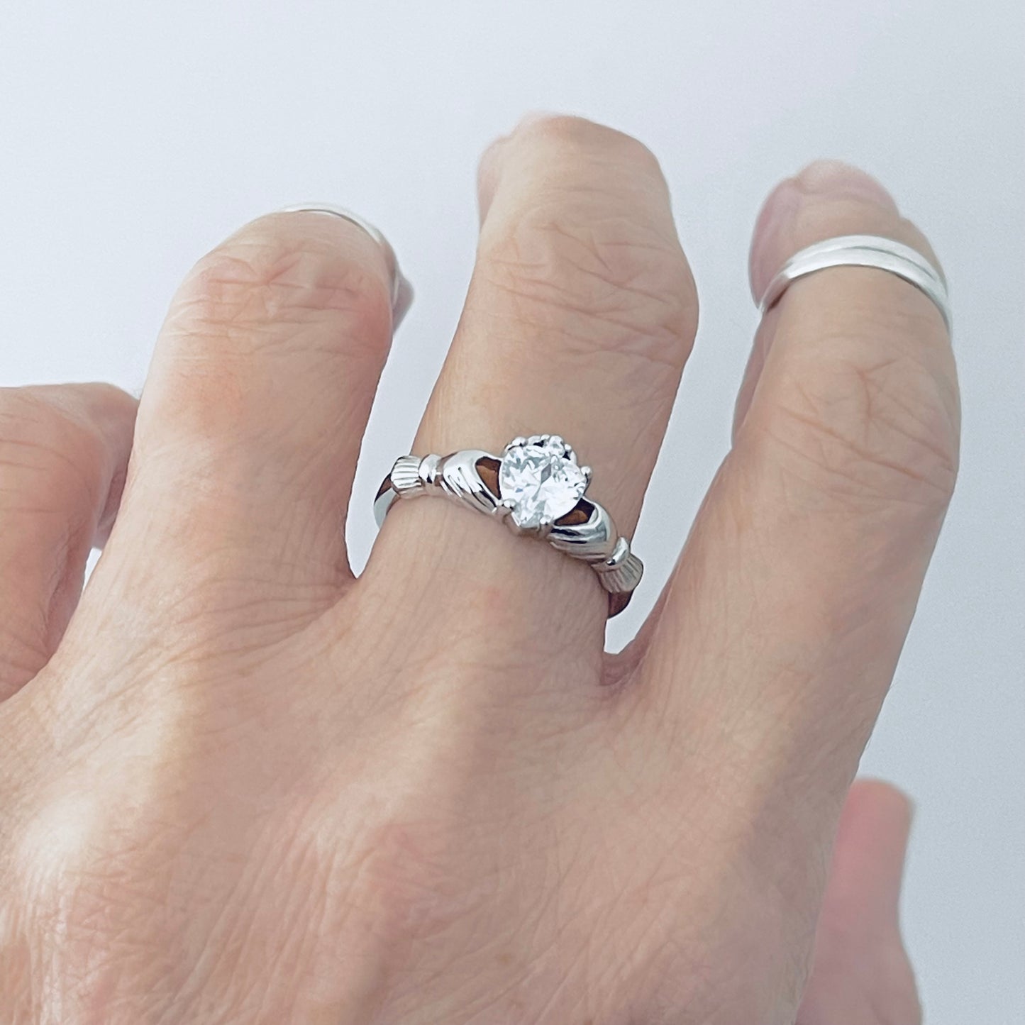 925 Sterling Silver Diamond CZ Heart Claddagh Ring | April Birthstone Irish Friendship Loyalty Rings