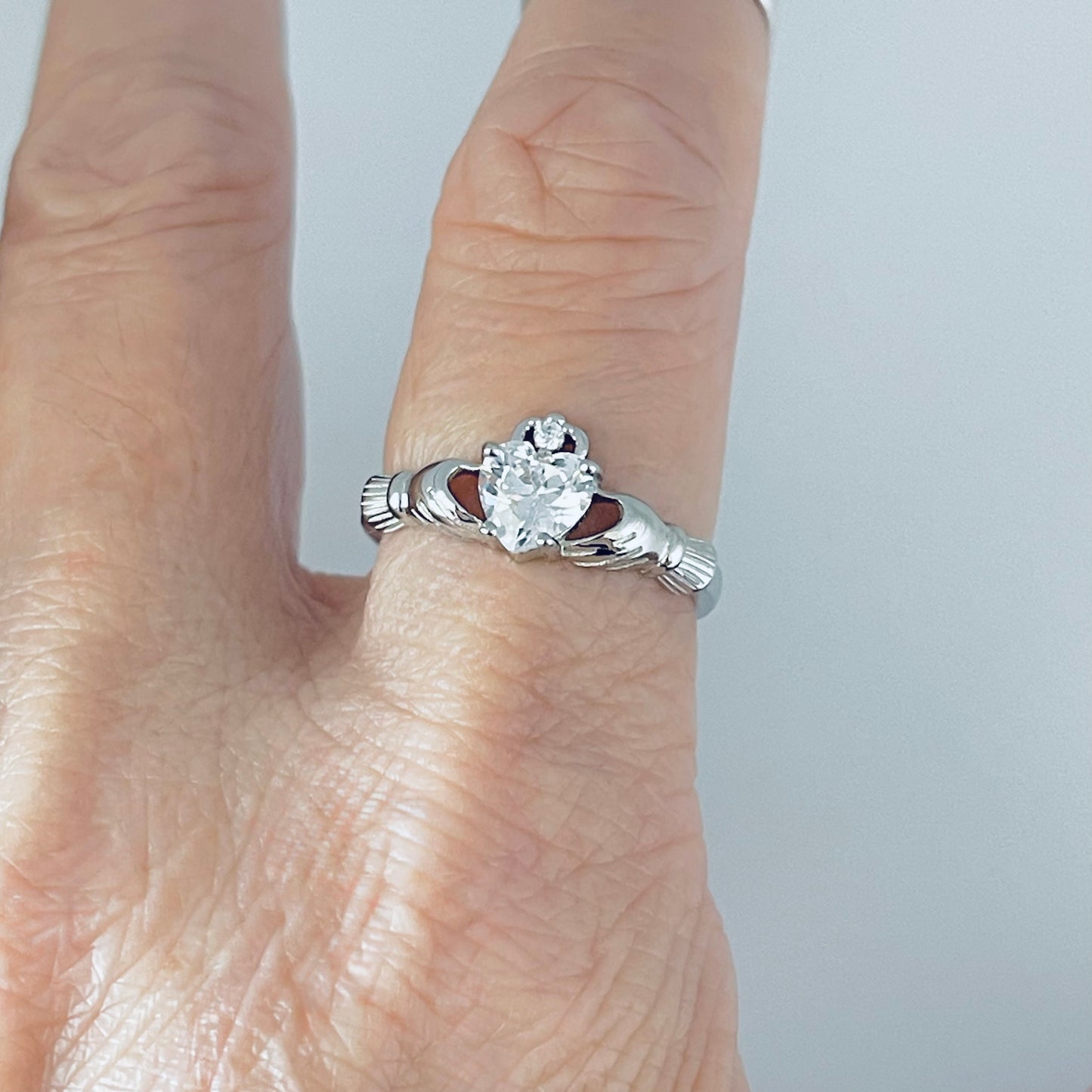 925 Sterling Silver Diamond CZ Heart Claddagh Ring | April Birthstone Irish Friendship Loyalty Rings