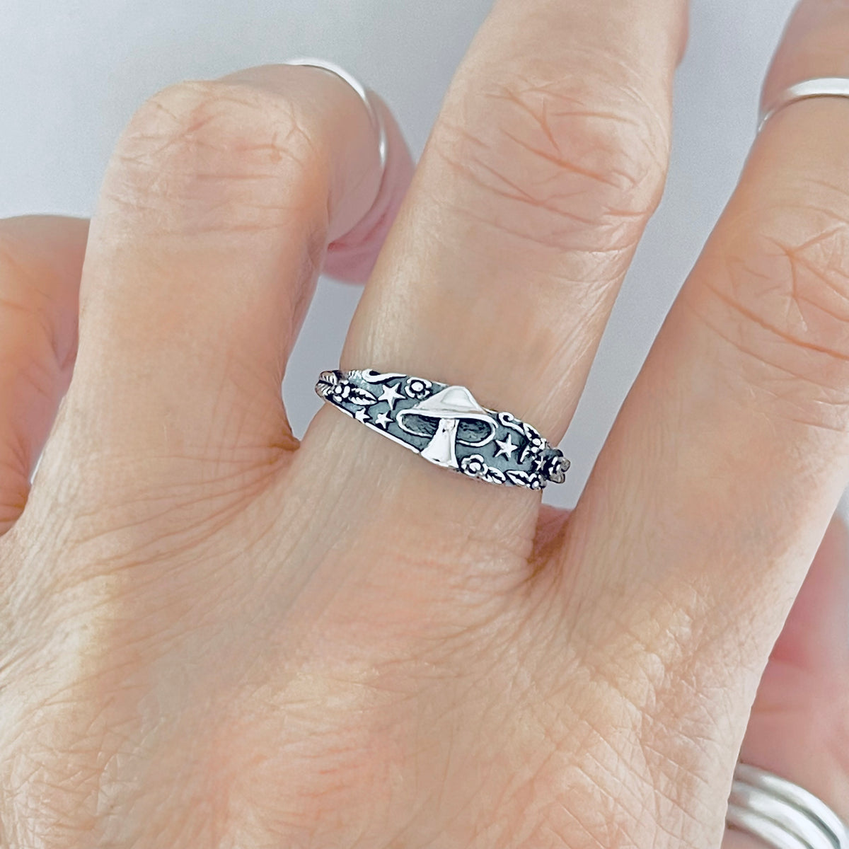 925 Sterling Silver Mushroom Ring with Tiny Stars and Flower | Celestial Nature Silver Rings