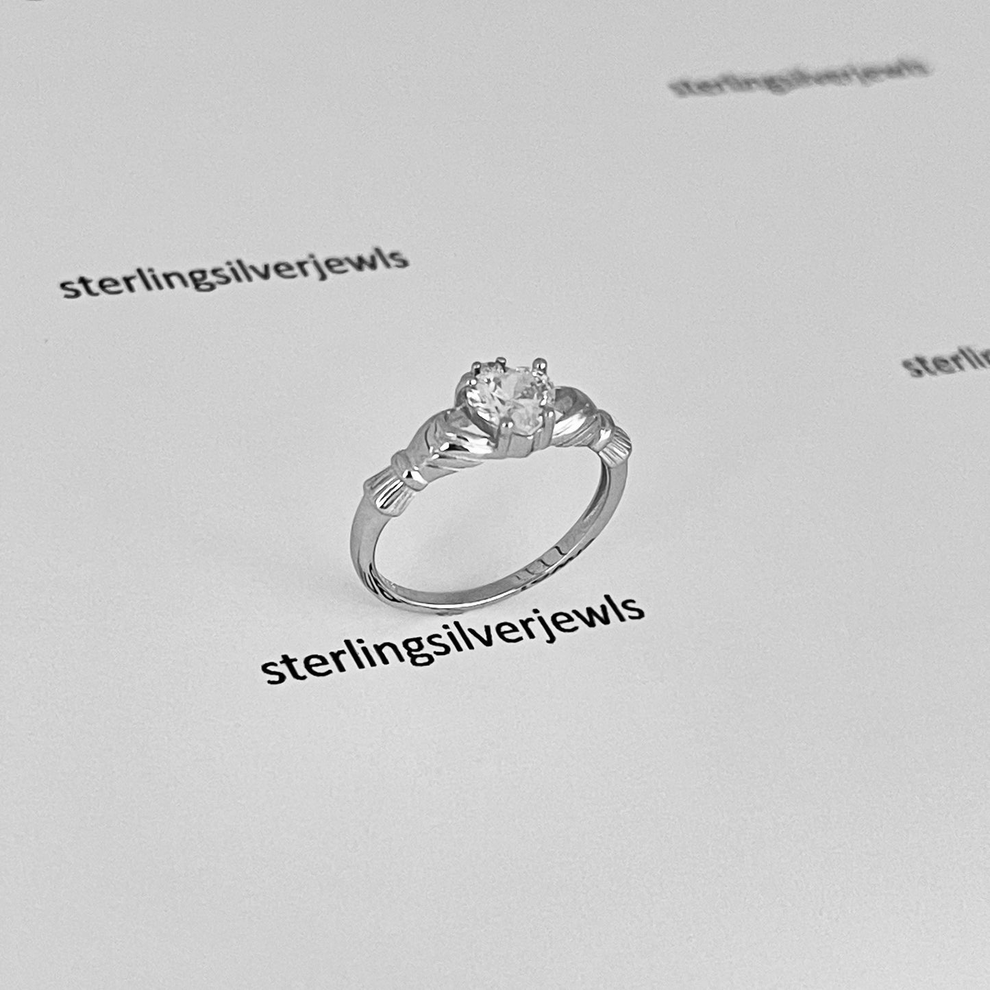 Sterling Silver Diamond CZ Heart Claddagh Ring, April Birthstone Silver Ring