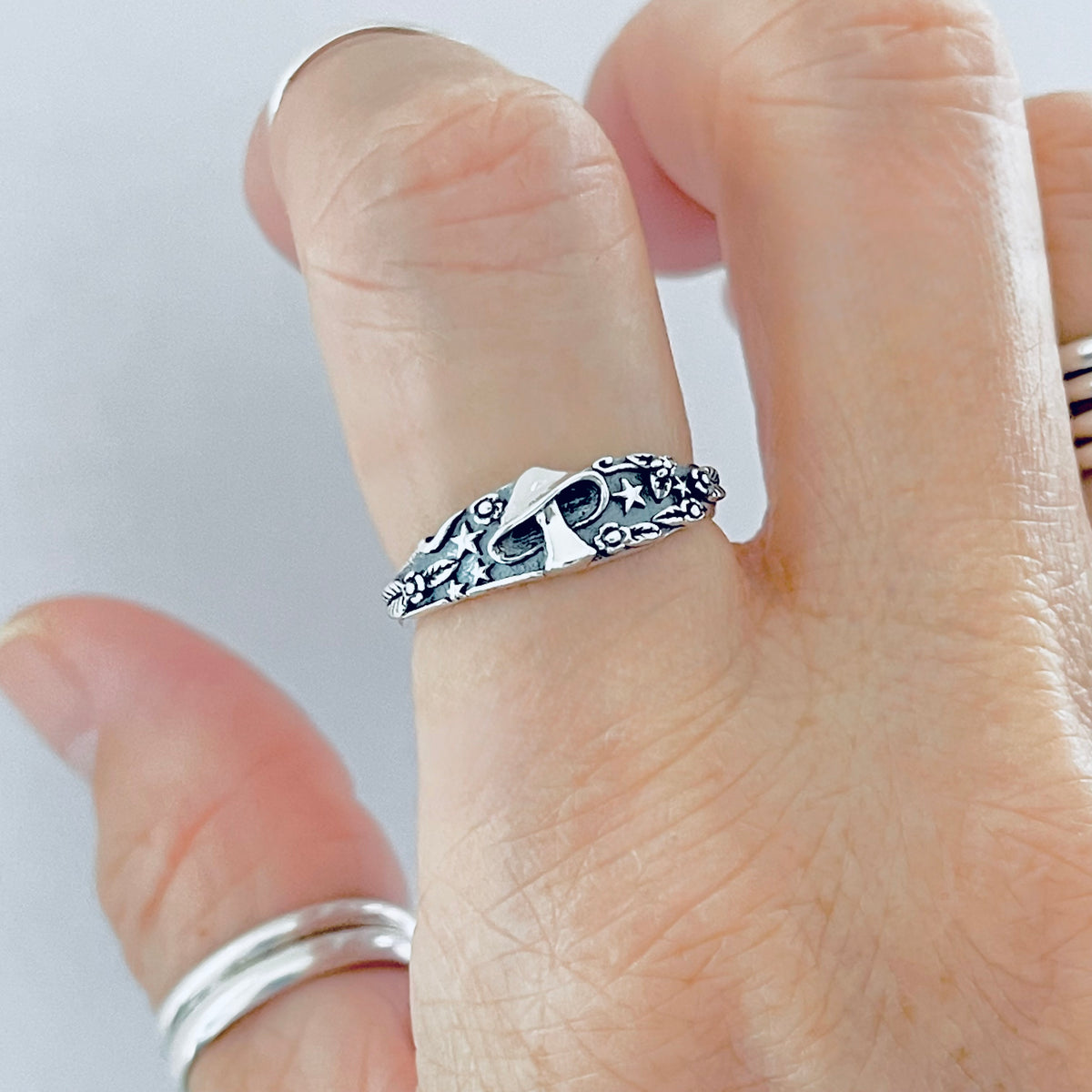925 Sterling Silver Mushroom Ring with Tiny Stars and Flower | Celestial Nature Silver Rings