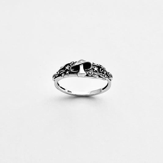 925 Sterling Silver Mushroom Ring with Tiny Stars and Flower | Celestial Nature Silver Rings