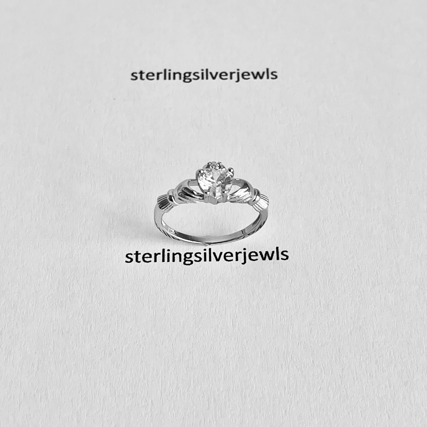 Sterling Silver Diamond CZ Heart Claddagh Ring, April Birthstone Silver Ring