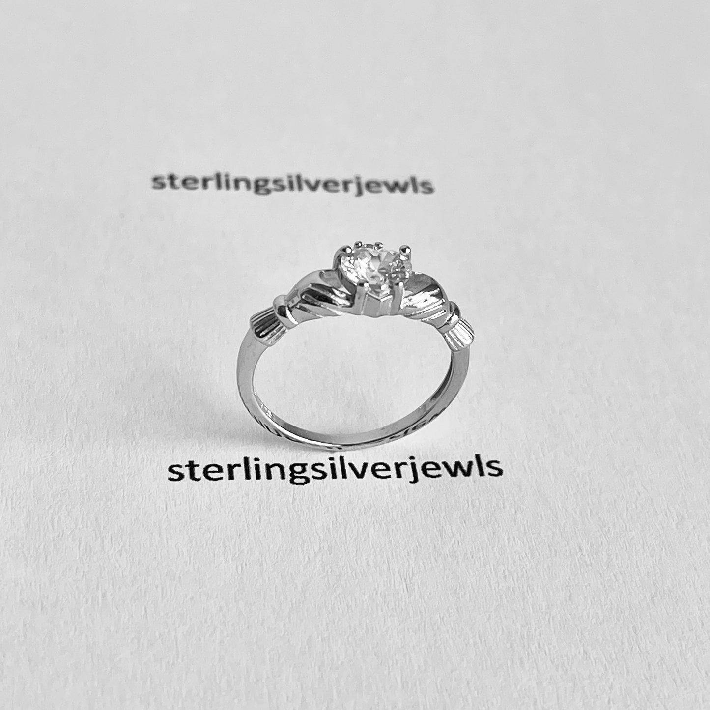 Sterling Silver Diamond CZ Heart Claddagh Ring, April Birthstone Silver Ring