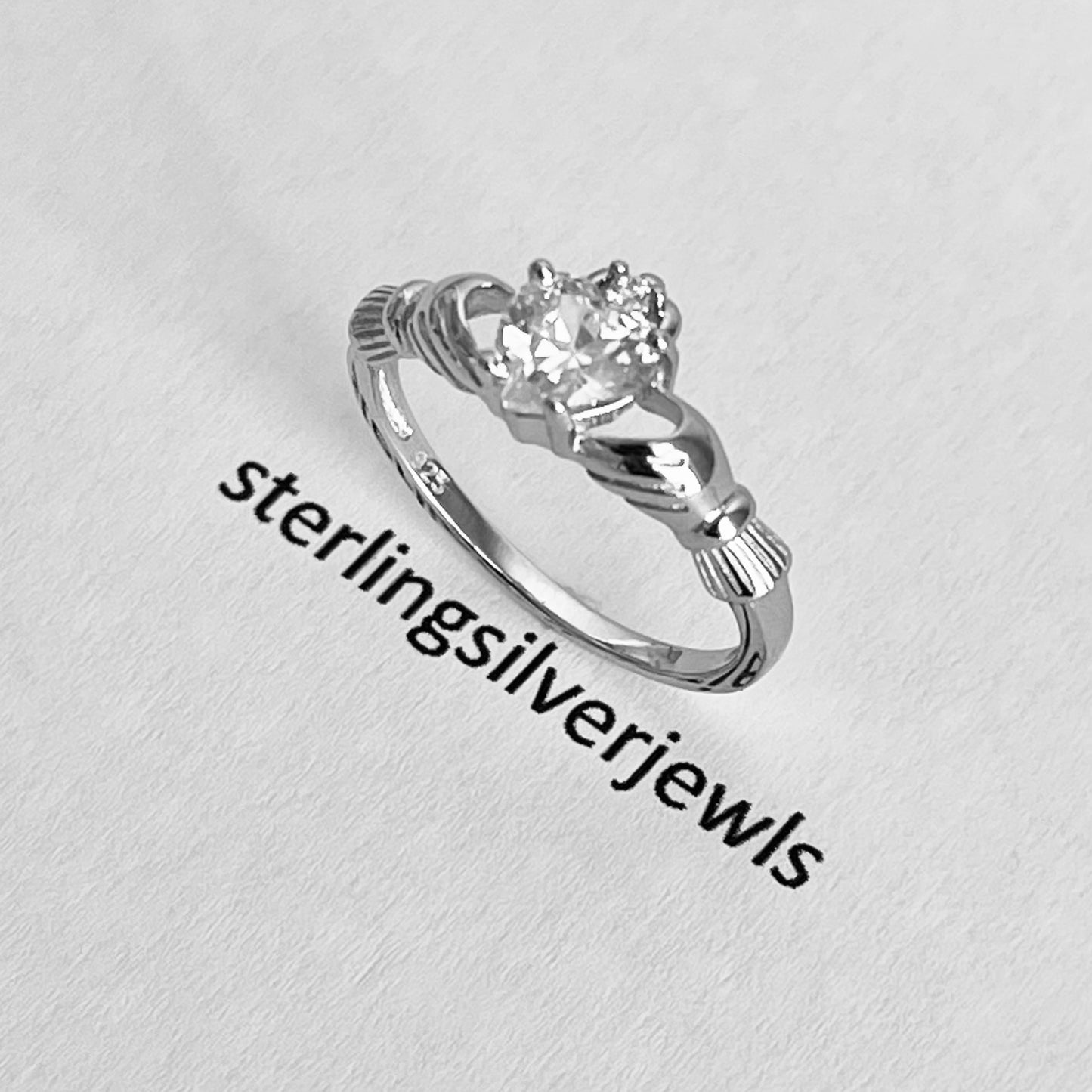 Sterling Silver Diamond CZ Heart Claddagh Ring, April Birthstone Silver Ring