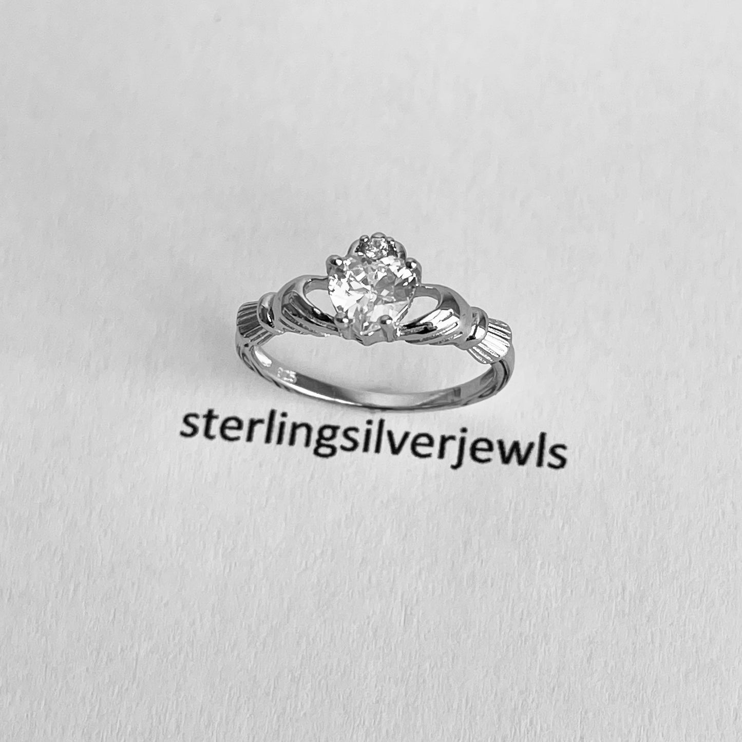 Sterling Silver Diamond CZ Heart Claddagh Ring, April Birthstone Silver Ring