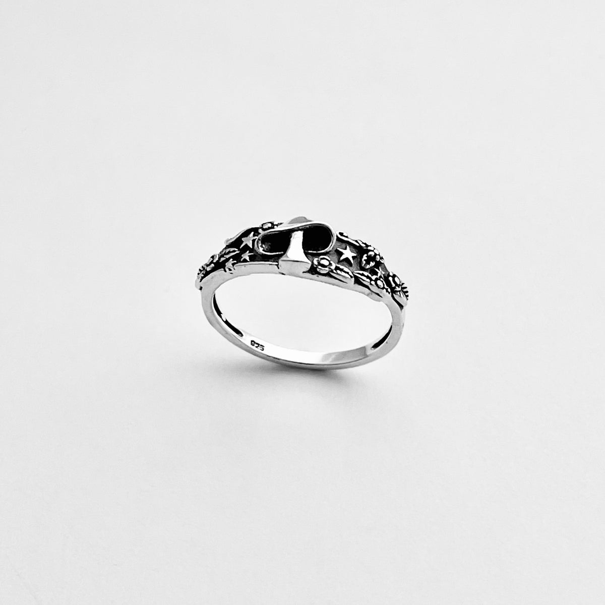 925 Sterling Silver Mushroom Ring with Tiny Stars and Flower | Celestial Nature Silver Rings