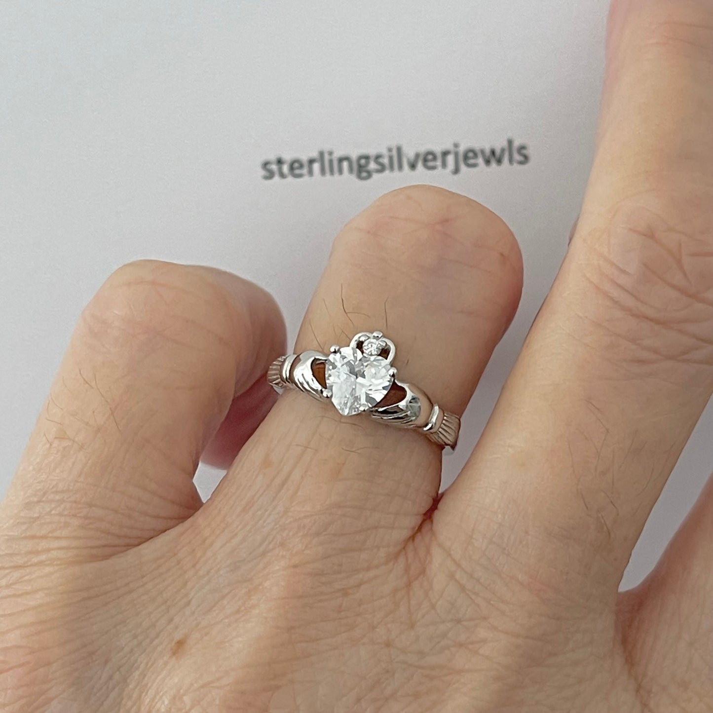 Sterling Silver Diamond CZ Heart Claddagh Ring, April Birthstone Silver Ring