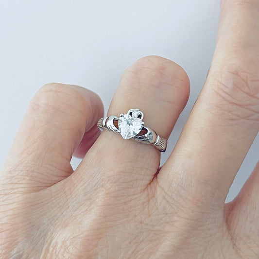 925 Sterling Silver Diamond CZ Heart Claddagh Ring | April Birthstone Irish Friendship Loyalty Rings