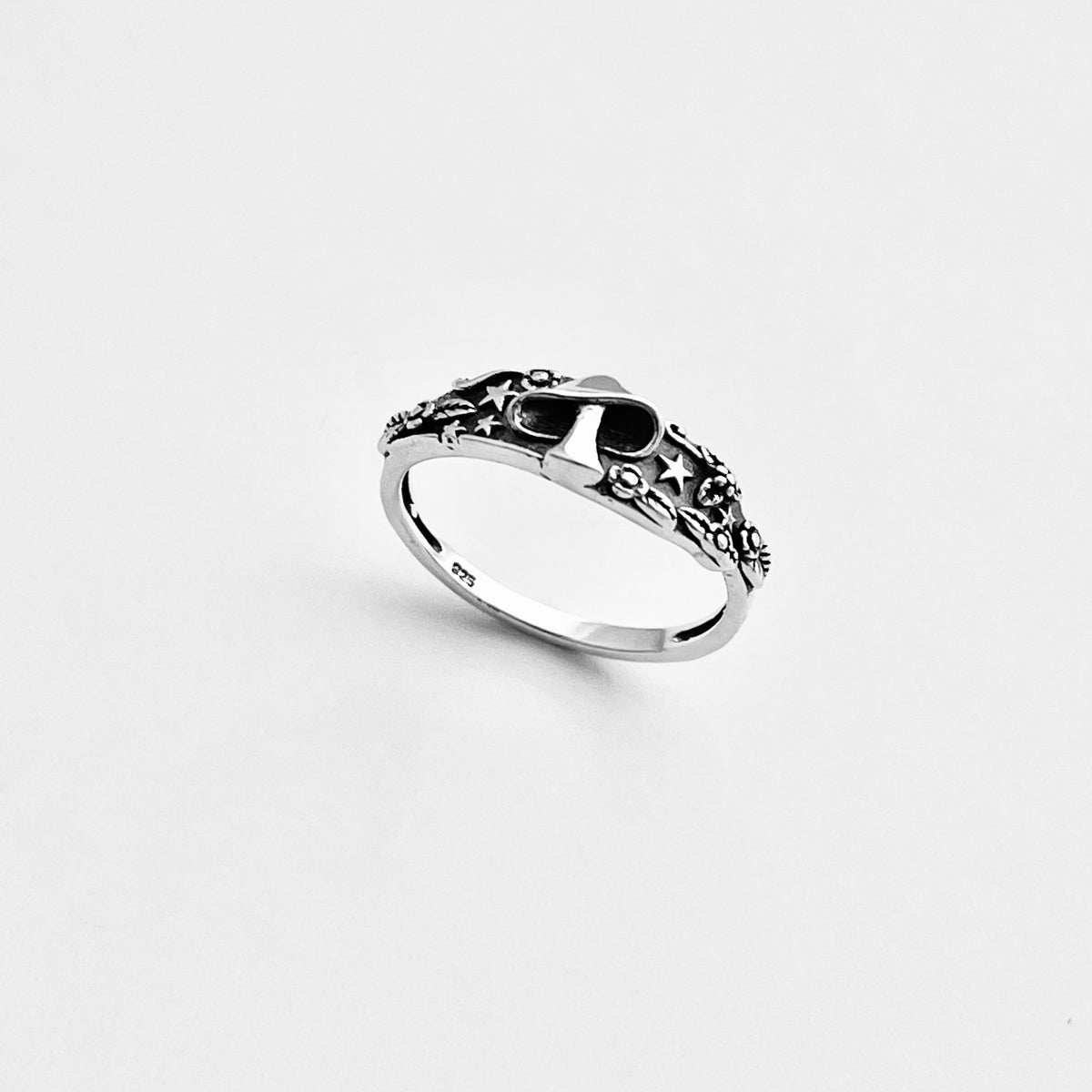 925 Sterling Silver Mushroom Ring with Tiny Stars and Flower | Celestial Nature Silver Rings