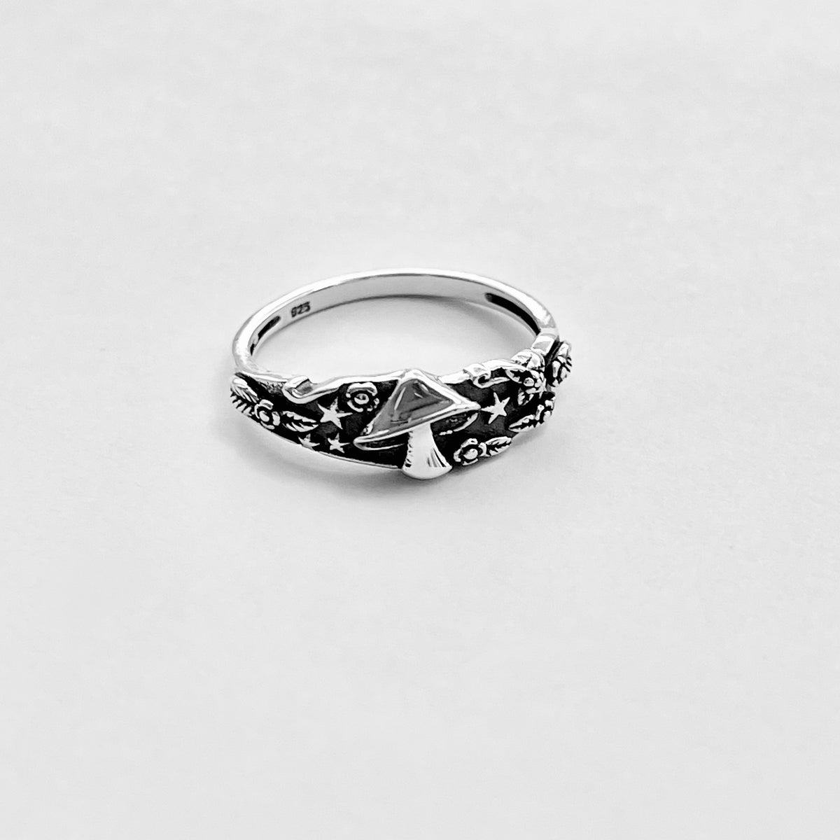 925 Sterling Silver Mushroom Ring with Tiny Stars and Flower | Celestial Nature Silver Rings