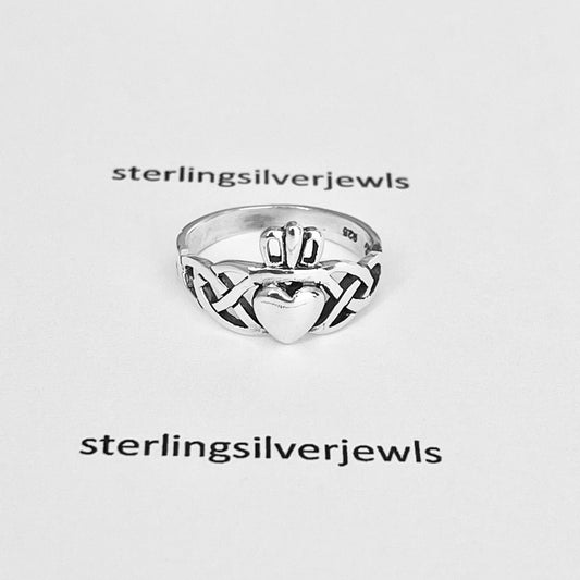 Sterling Silver Celtic with Irish Claddagh Ring, Heart Silver Ring