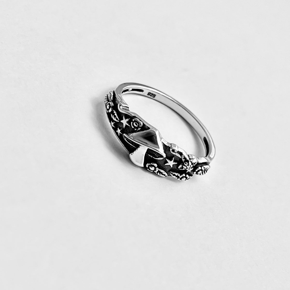 925 Sterling Silver Mushroom Ring with Tiny Stars and Flower | Celestial Nature Silver Rings
