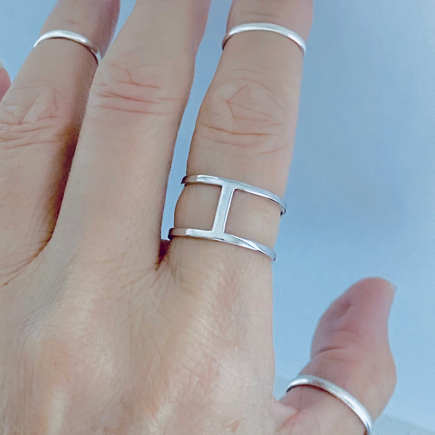 925 Sterling Silver Caged H Ring | Delicate Boho Silver Band Rings