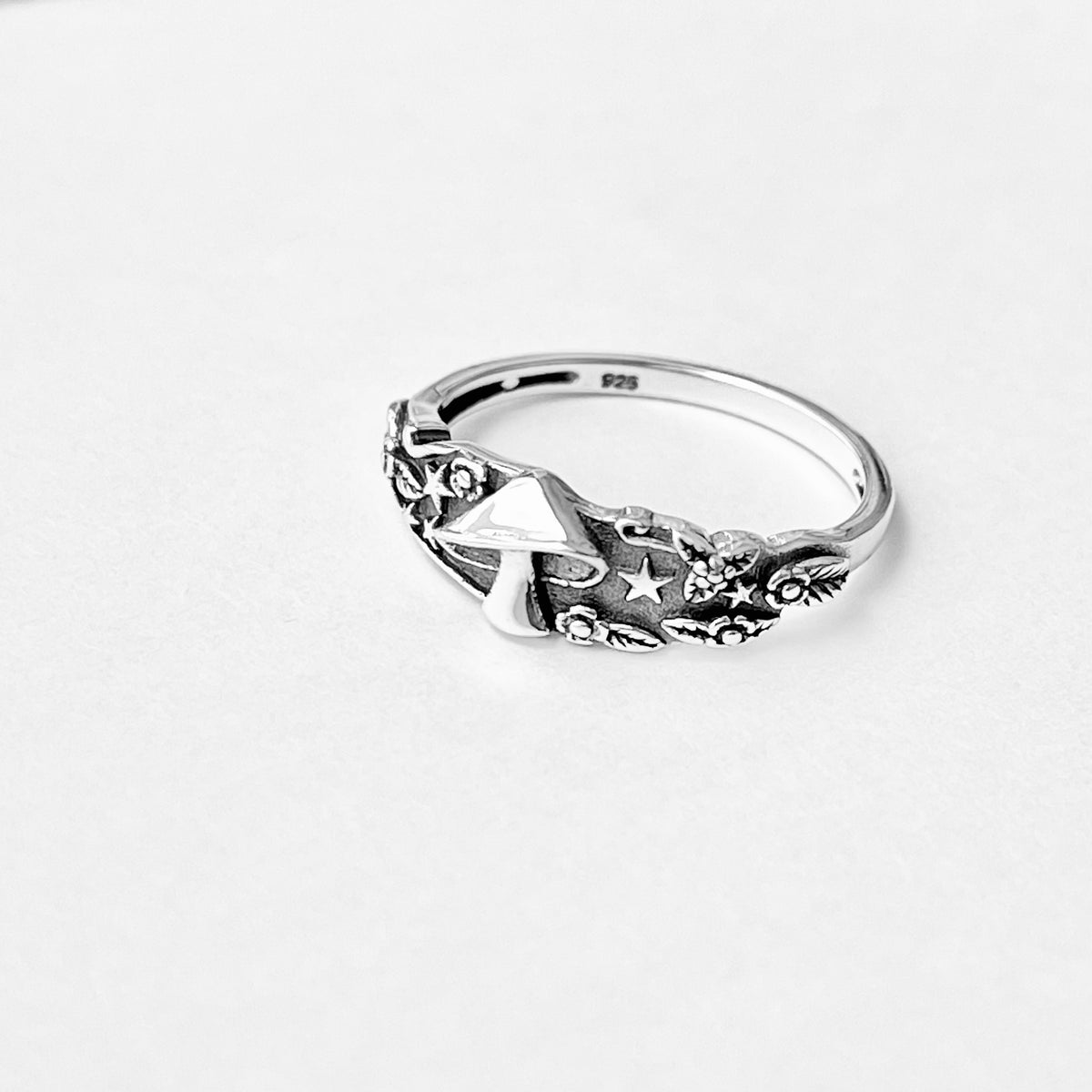 925 Sterling Silver Mushroom Ring with Tiny Stars and Flower | Celestial Nature Silver Rings
