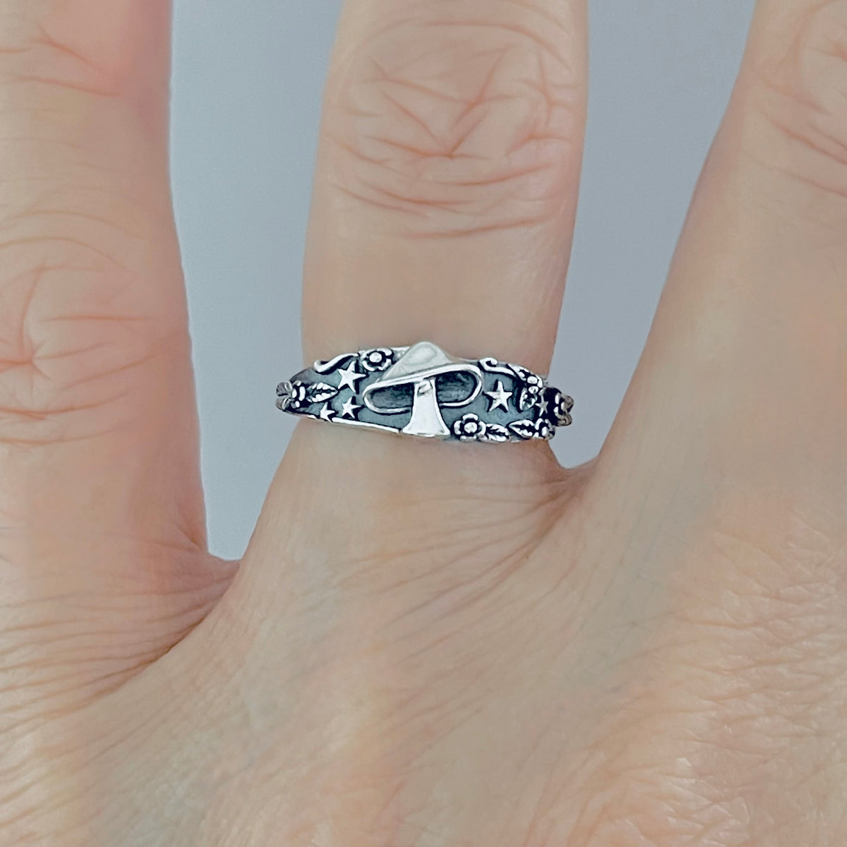 925 Sterling Silver Mushroom Ring with Tiny Stars and Flower | Celestial Nature Silver Rings