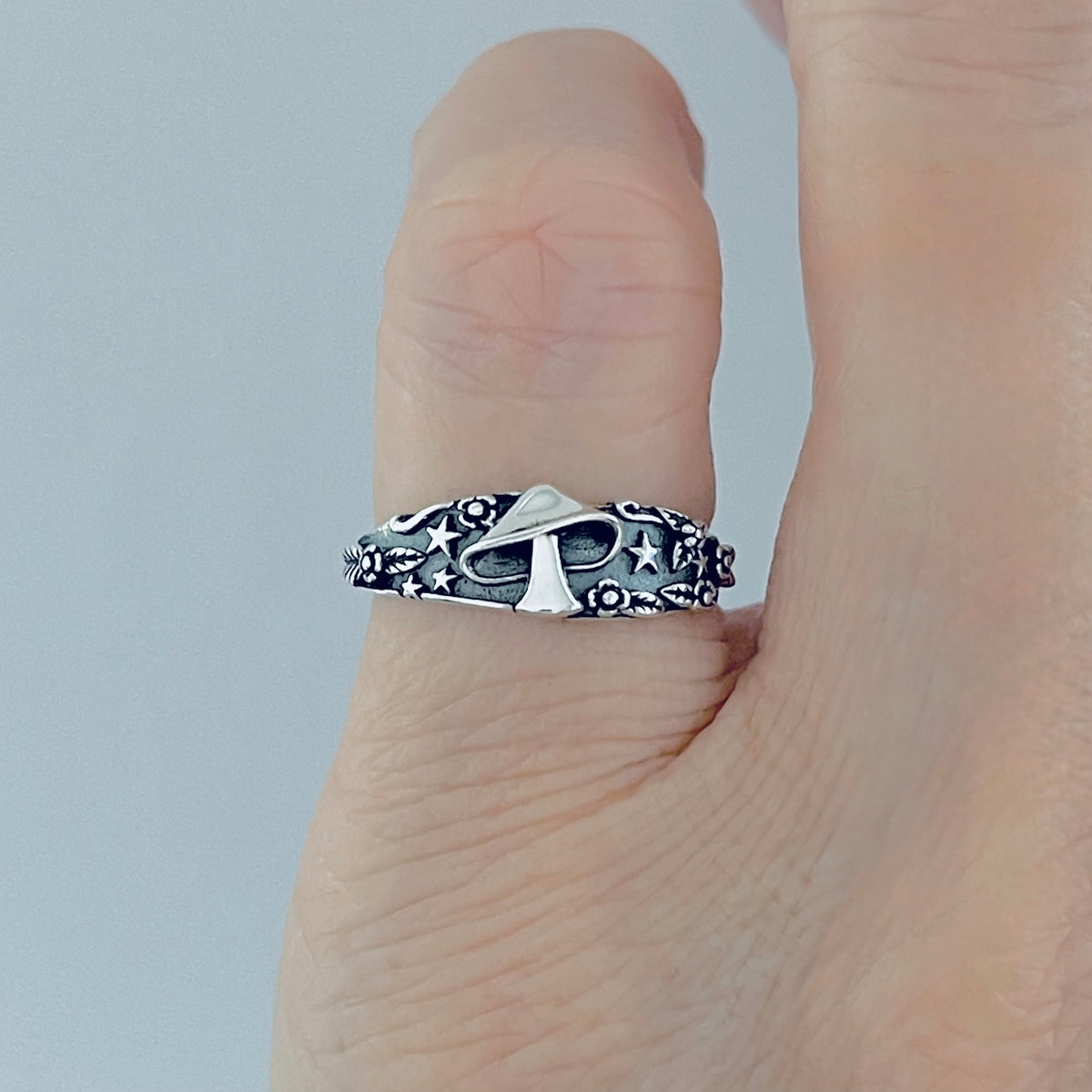 925 Sterling Silver Mushroom Ring with Tiny Stars and Flower | Celestial Nature Silver Rings
