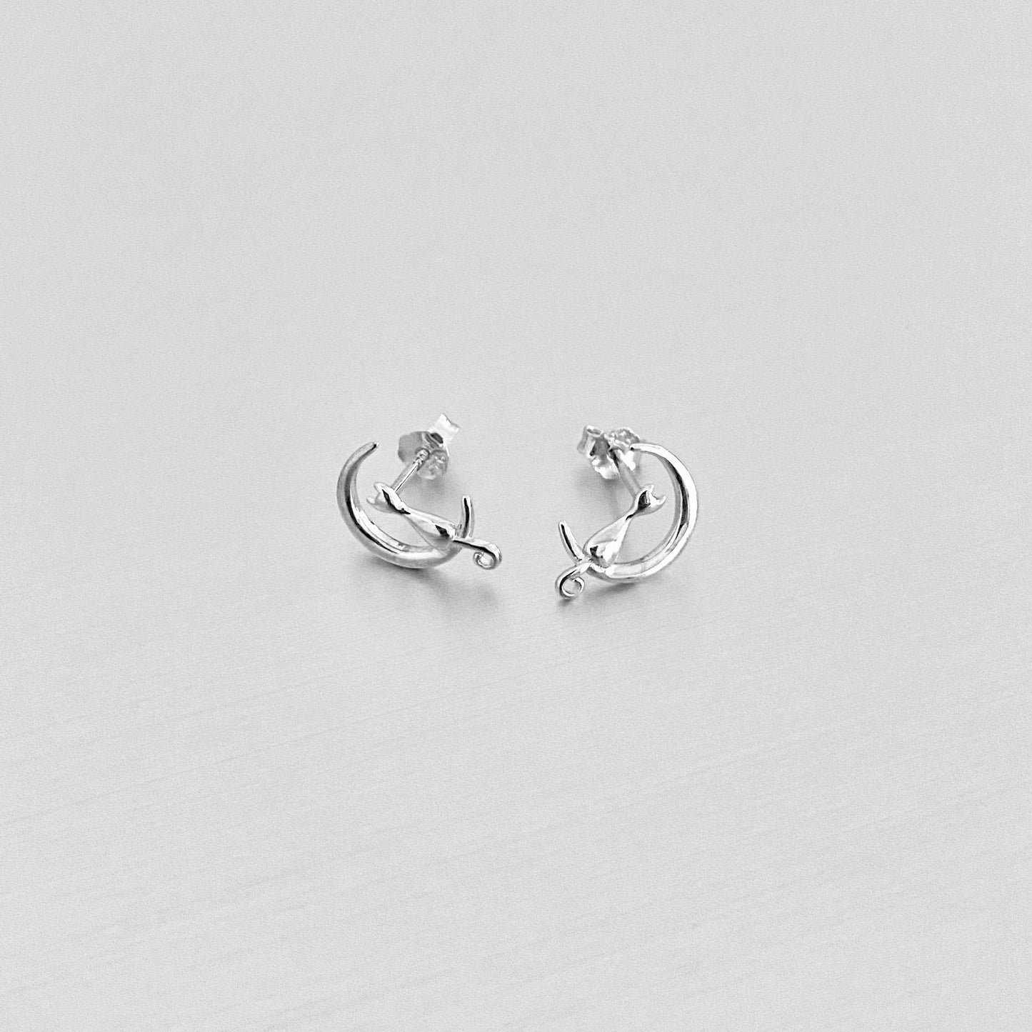 925 Sterling Silver Cat on Crescent Moon Stud Earring | Dainty Celestial Kitty Animal Silver Earrings