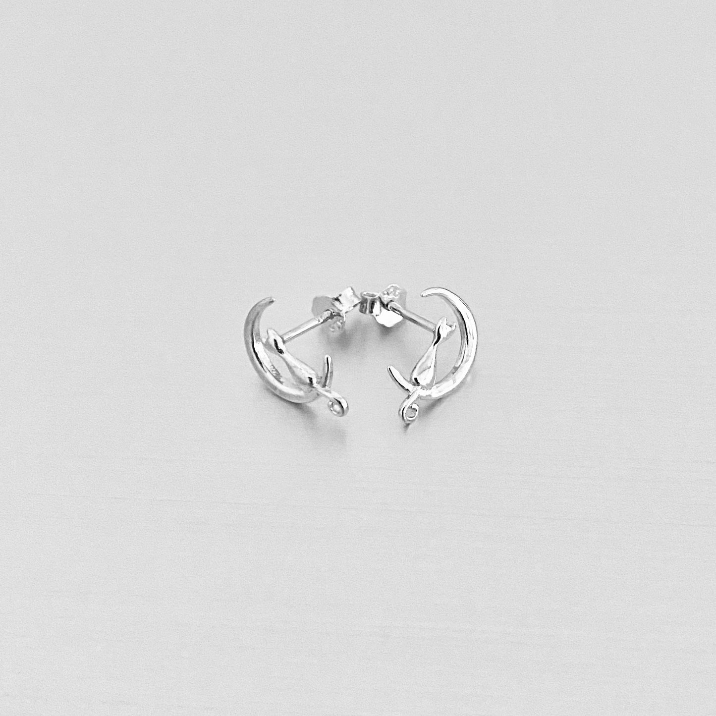 925 Sterling Silver Cat on Crescent Moon Stud Earring | Dainty Celestial Kitty Animal Silver Earrings