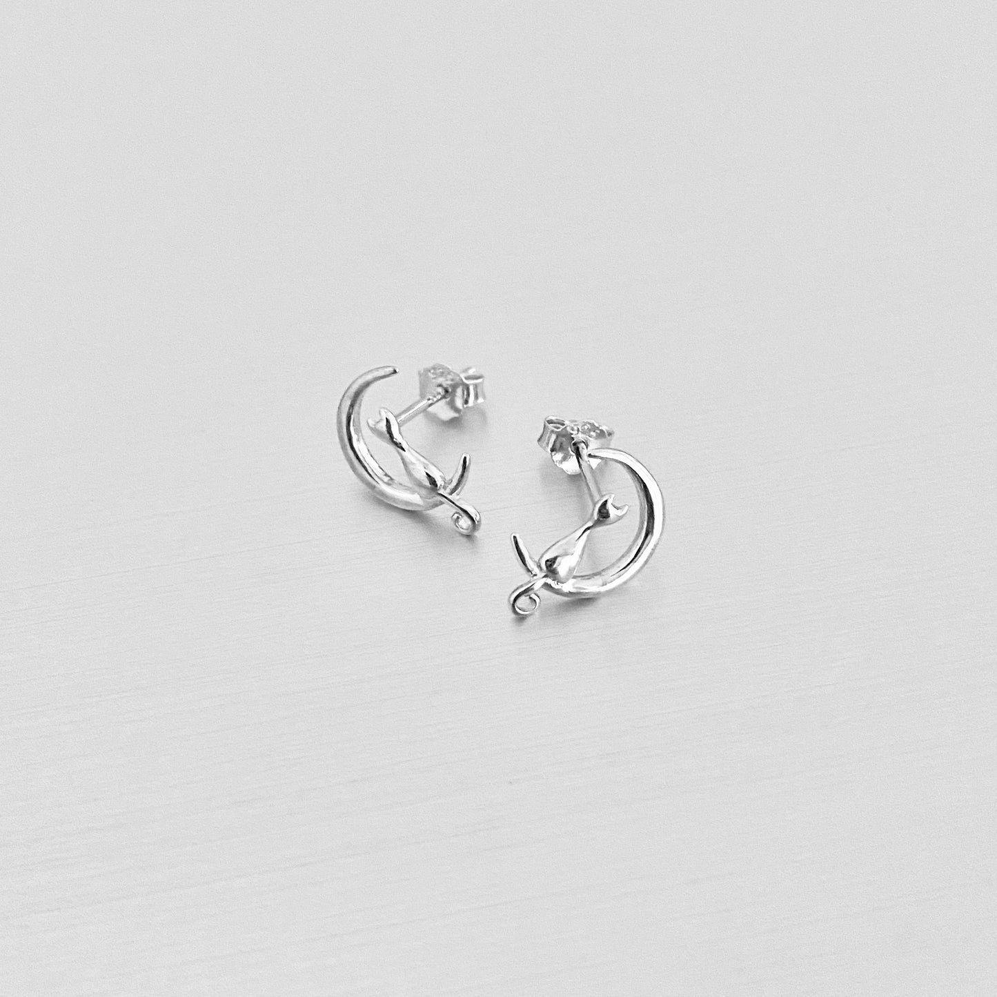 925 Sterling Silver Cat on Crescent Moon Stud Earring | Dainty Celestial Kitty Animal Silver Earrings