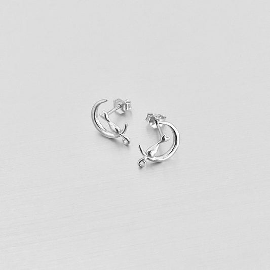 925 Sterling Silver Cat on Crescent Moon Stud Earring | Dainty Celestial Kitty Animal Silver Earrings