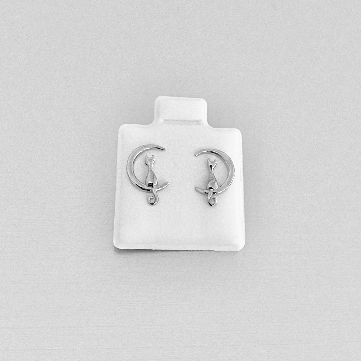 925 Sterling Silver Cat on Crescent Moon Stud Earring | Dainty Celestial Kitty Animal Silver Earrings
