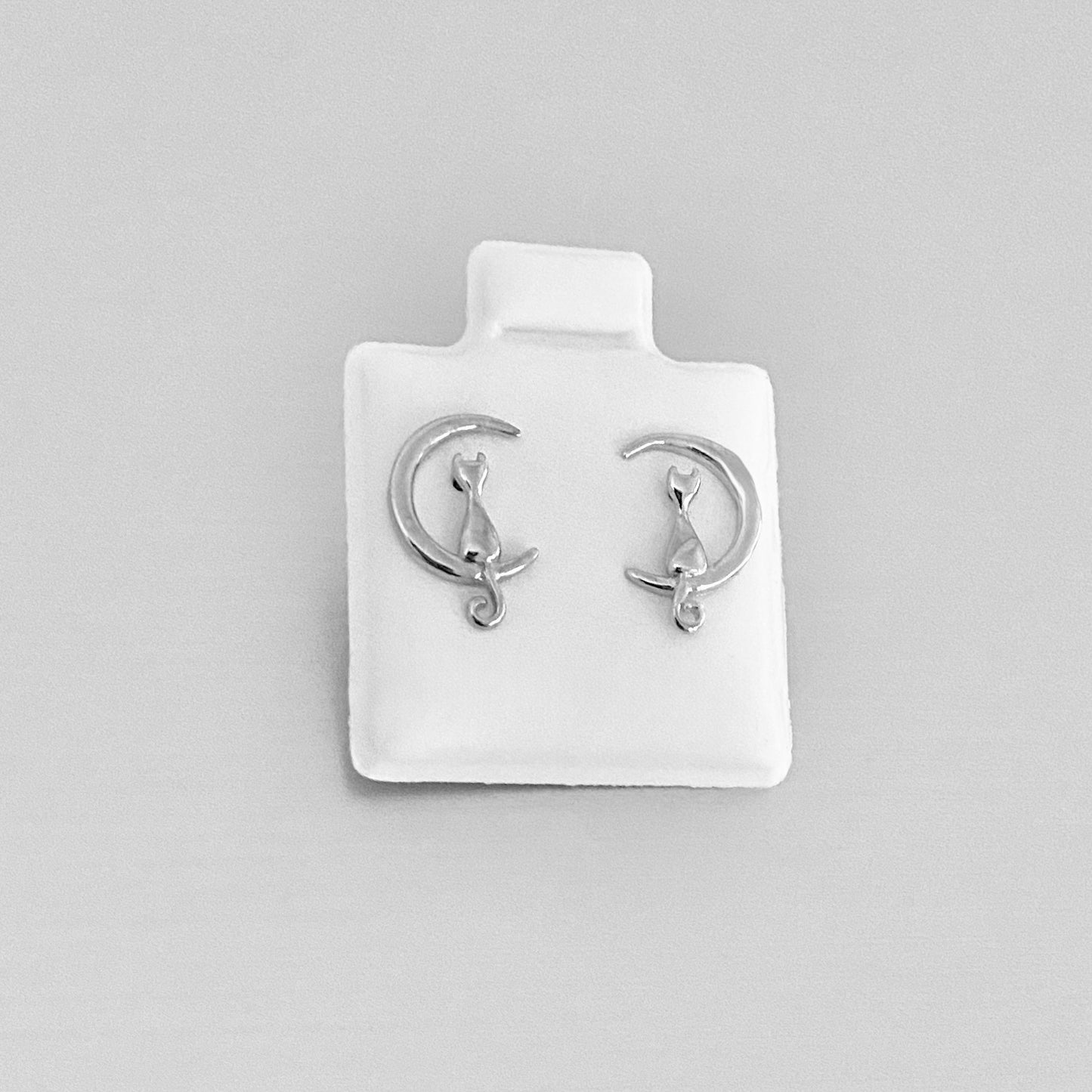 925 Sterling Silver Cat on Crescent Moon Stud Earring | Dainty Celestial Kitty Animal Silver Earrings