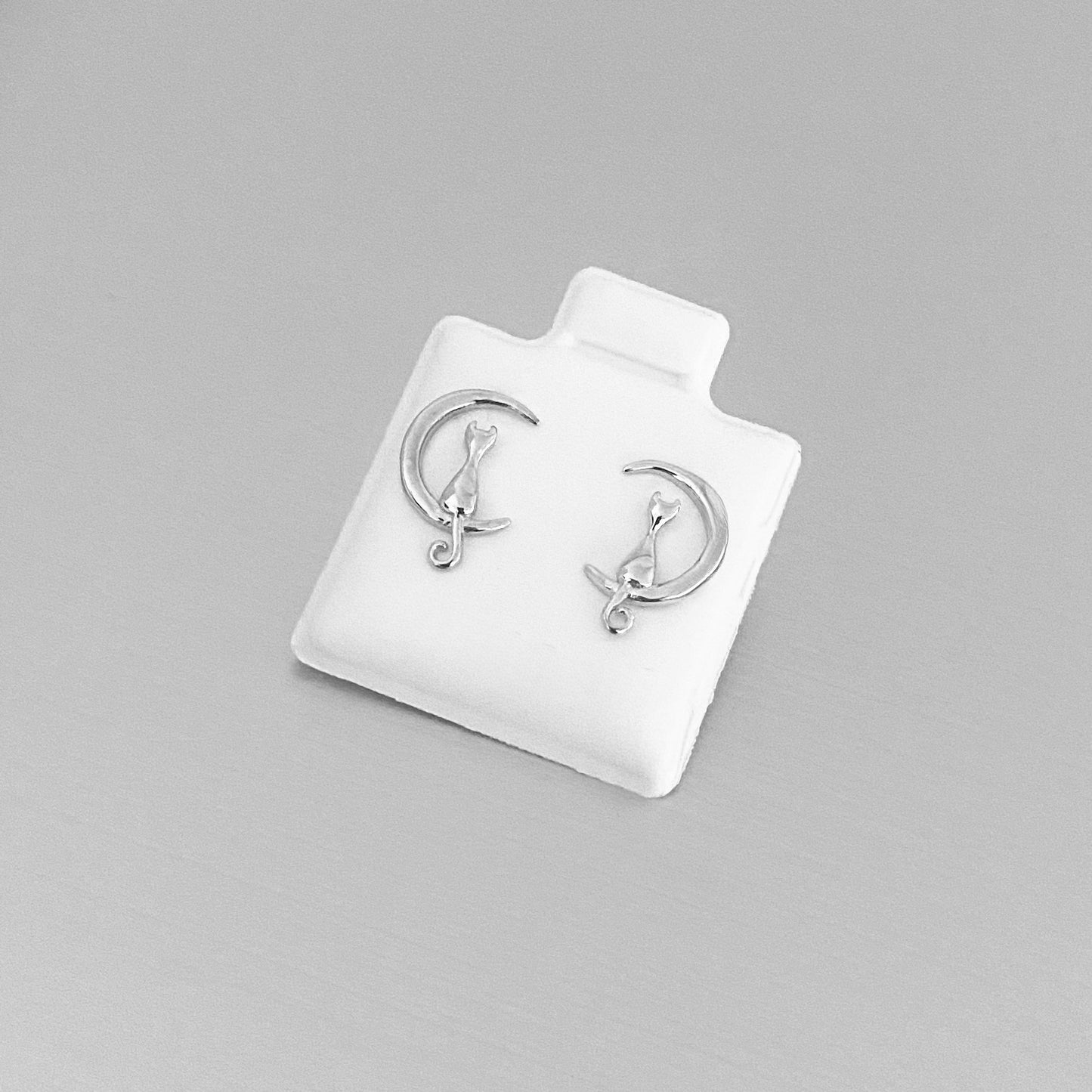 925 Sterling Silver Cat on Crescent Moon Stud Earring | Dainty Celestial Kitty Animal Silver Earrings