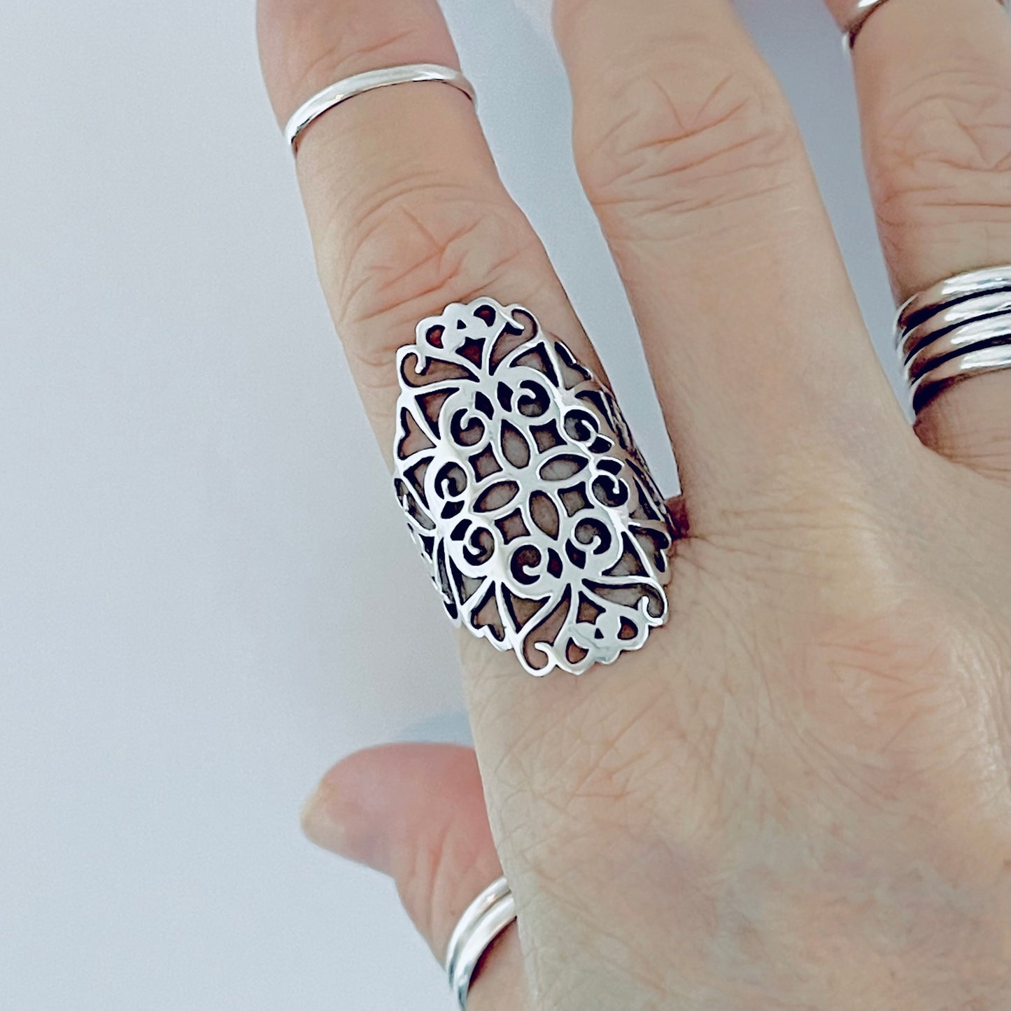 925 Sterling Silver Statement Filigree Ring | Swirl Flower Vines Boho Silver Rings