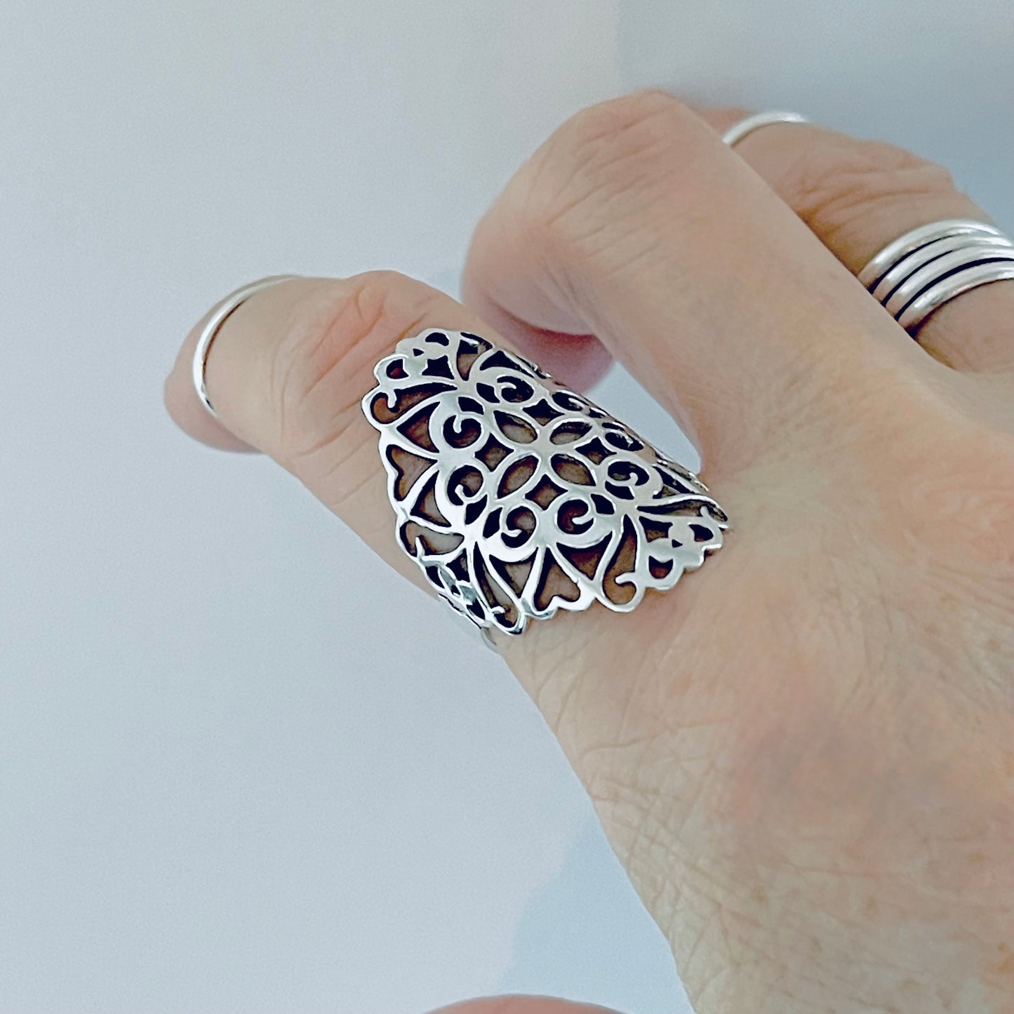 925 Sterling Silver Statement Filigree Ring | Swirl Flower Vines Boho Silver Rings