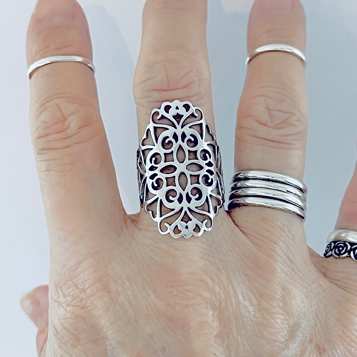 925 Sterling Silver Statement Filigree Ring | Swirl Flower Vines Boho Silver Rings