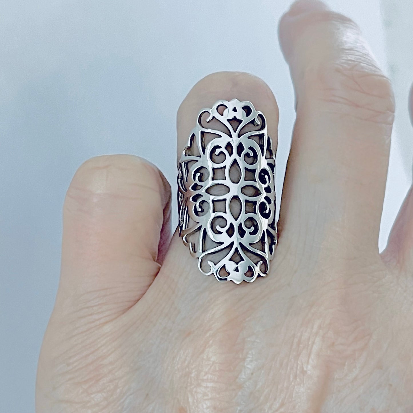 925 Sterling Silver Statement Filigree Ring | Swirl Flower Vines Boho Silver Rings