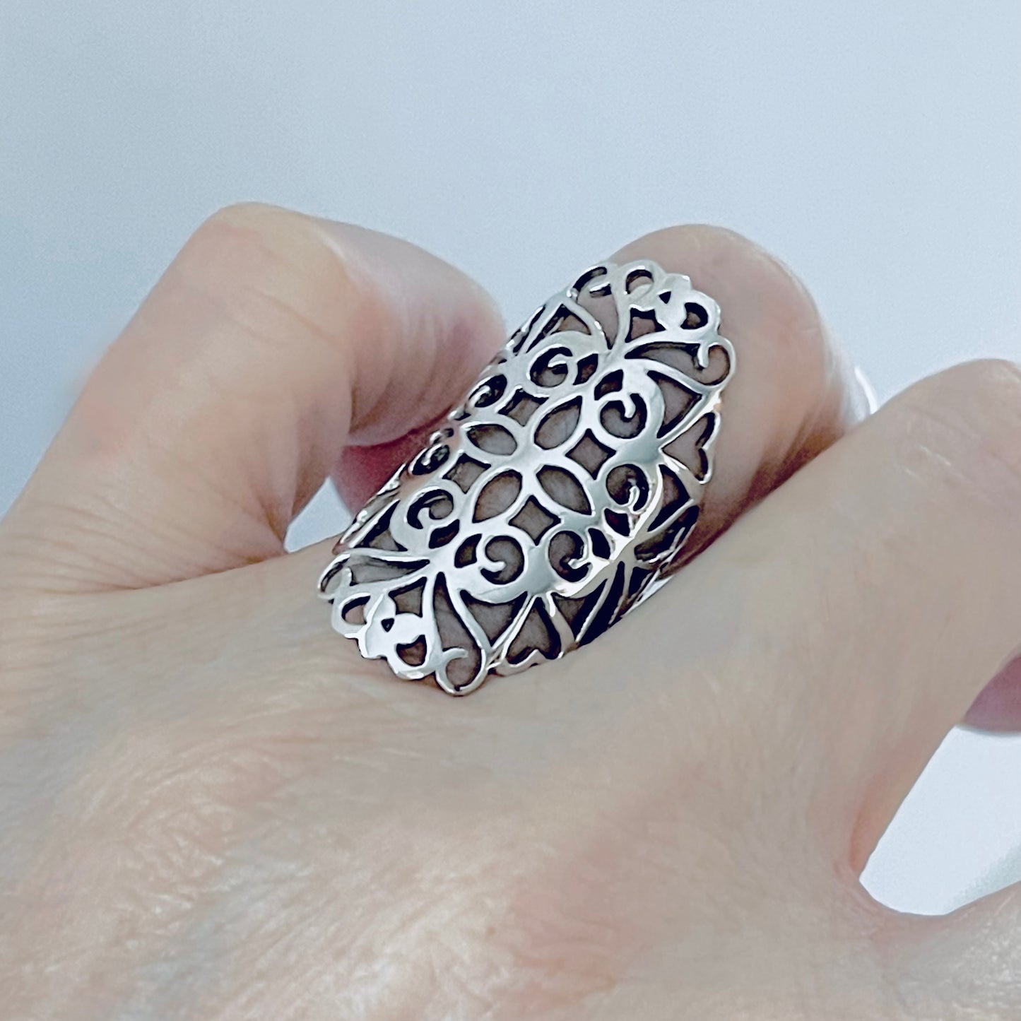 925 Sterling Silver Statement Filigree Ring | Swirl Flower Vines Boho Silver Rings