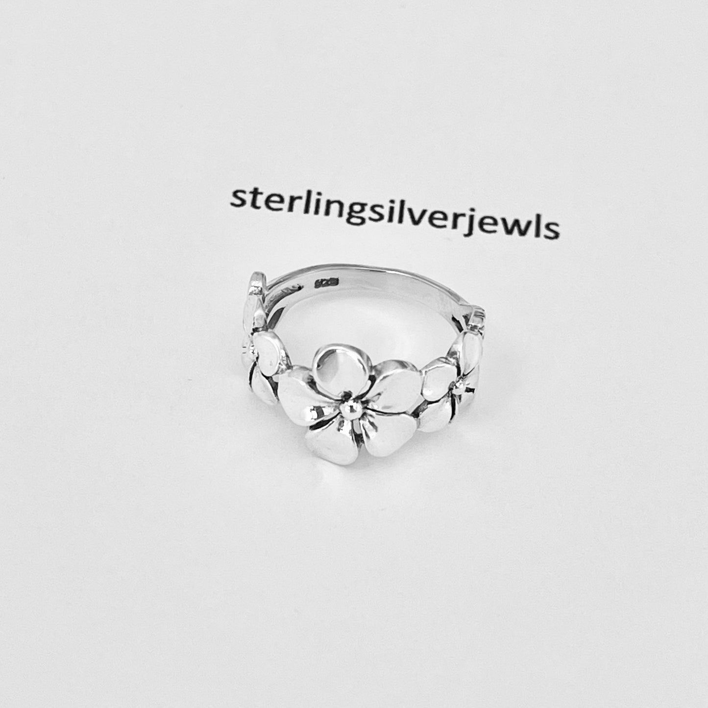 Sterling Silver Triple Plumeria Ring with Leaf, Flower Silver Rings, Hawaii Lei Ring