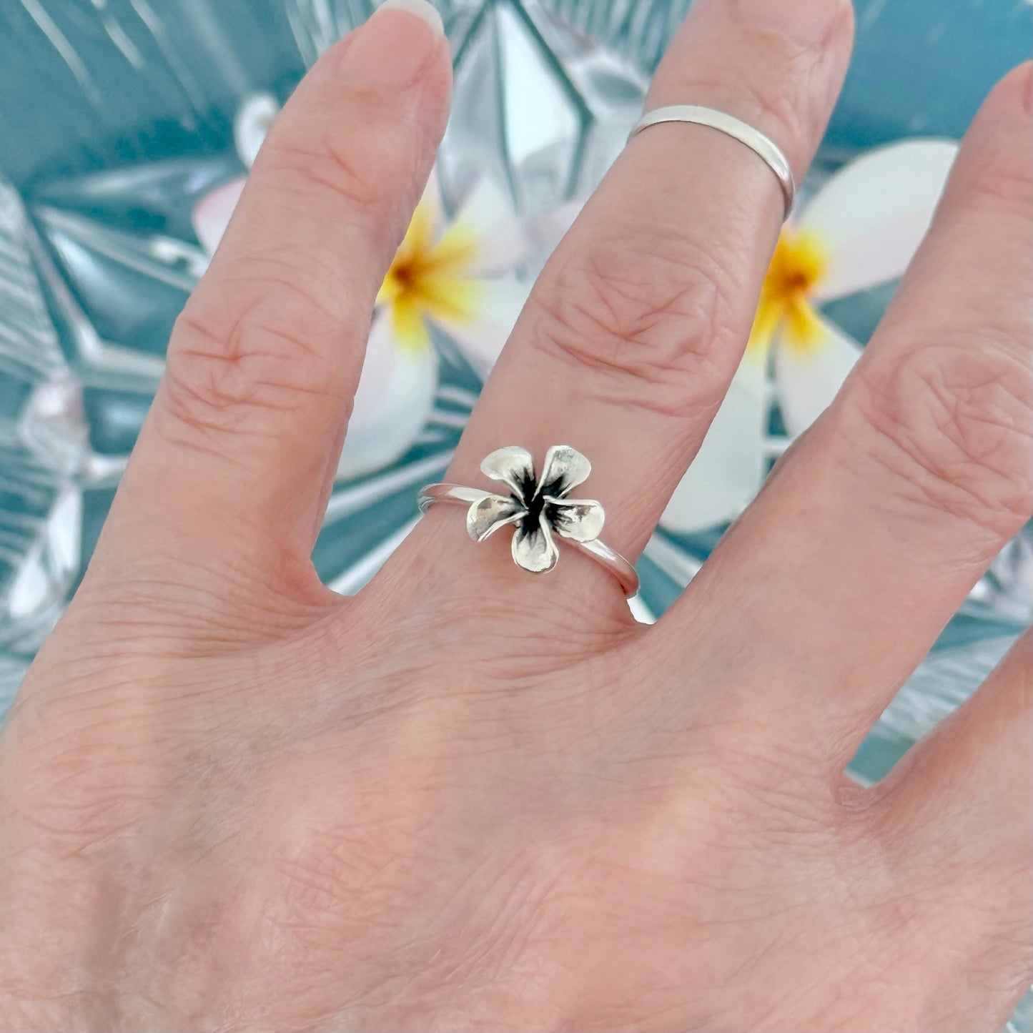 Sterling Silver Small Plumeria Ring, Hawaii Jewelry, Silver Flower Rings