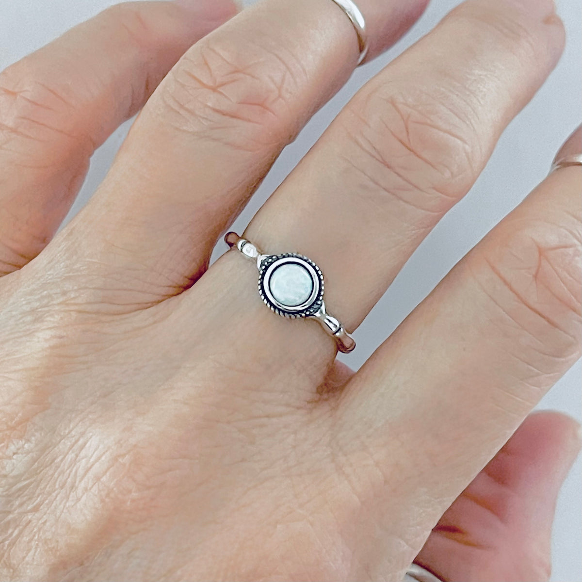 925 Sterling Silver Small White Lab Opal Ring with Bamboo Band | October Birthstone Rings