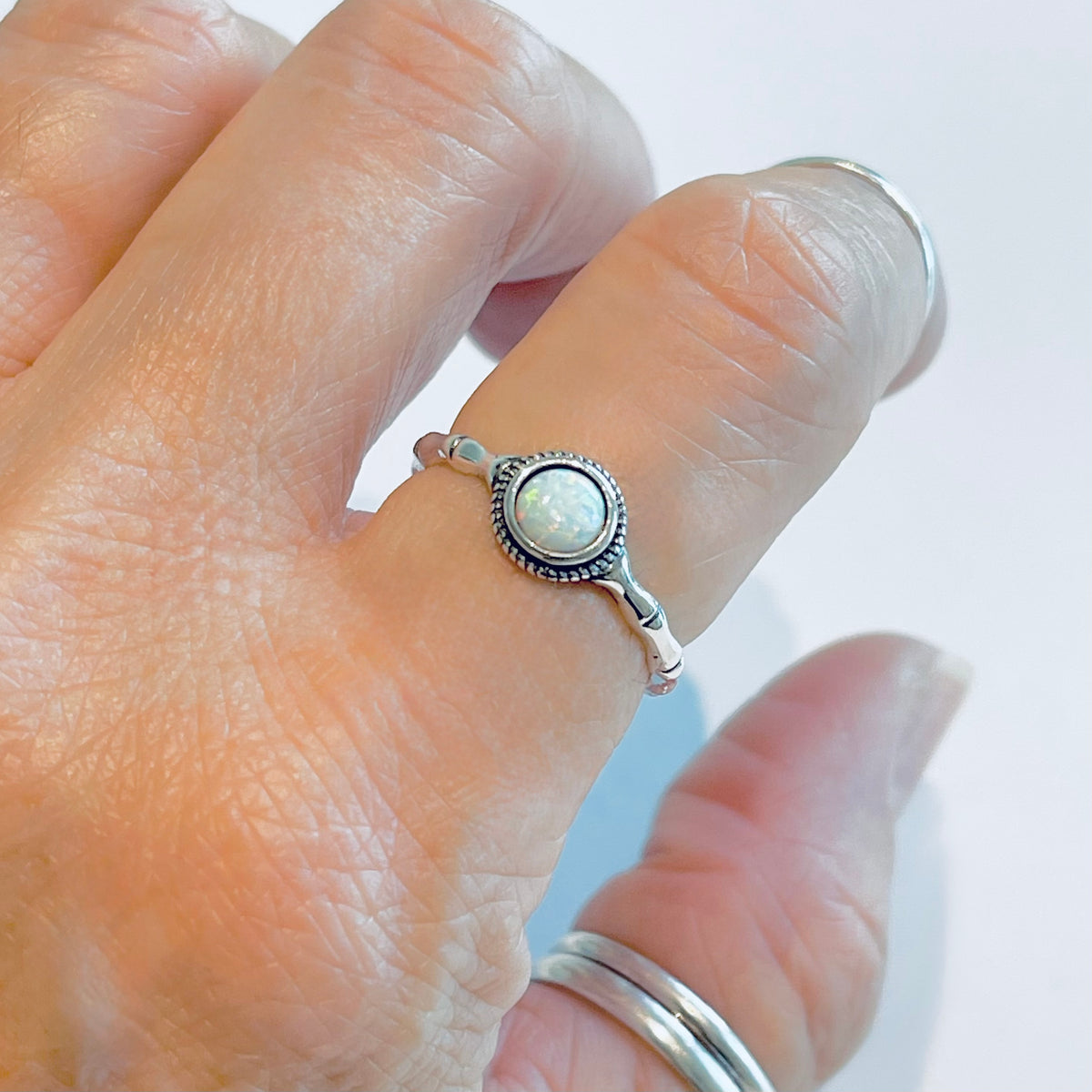925 Sterling Silver Small White Lab Opal Ring with Bamboo Band | October Birthstone Rings