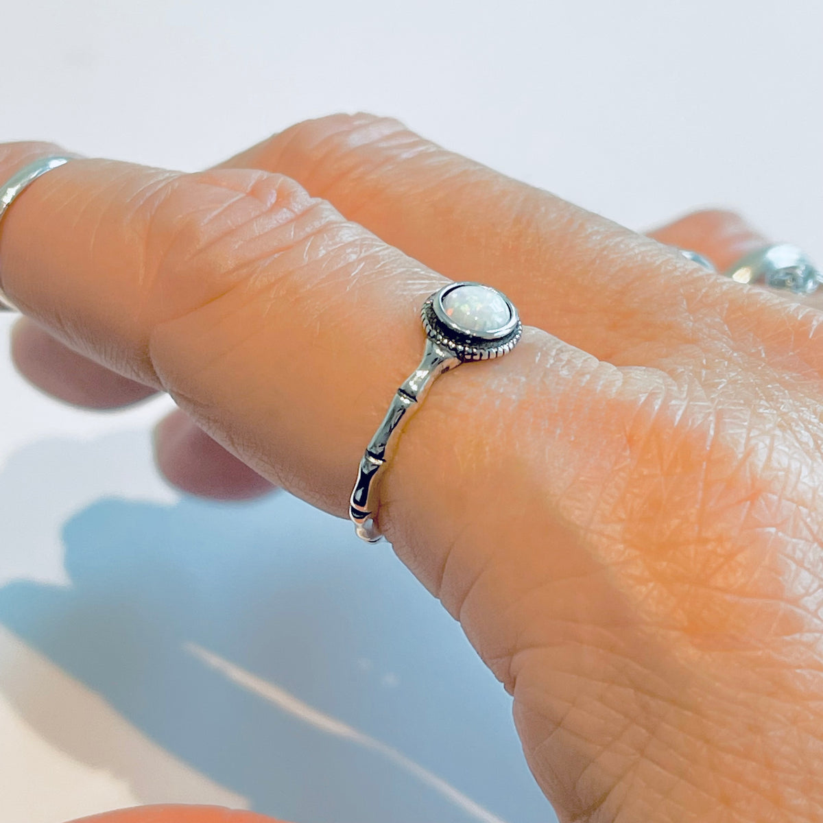 925 Sterling Silver Small White Lab Opal Ring with Bamboo Band | October Birthstone Rings