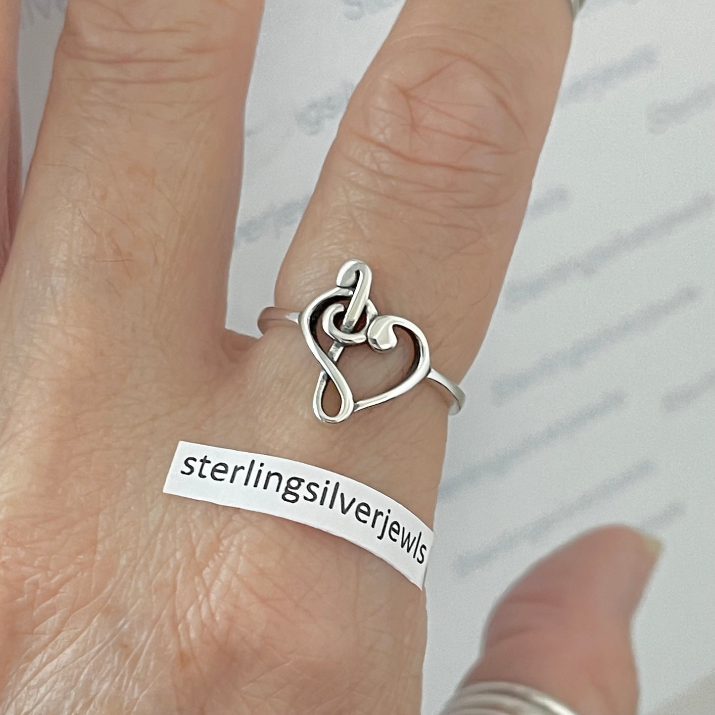 Sterling Silver Love Note Heart Ring, Musical Ring, Silver Rings, Clef Note Ring