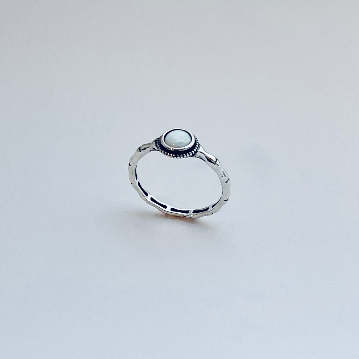 925 Sterling Silver Small White Lab Opal Ring with Bamboo Band | October Birthstone Rings