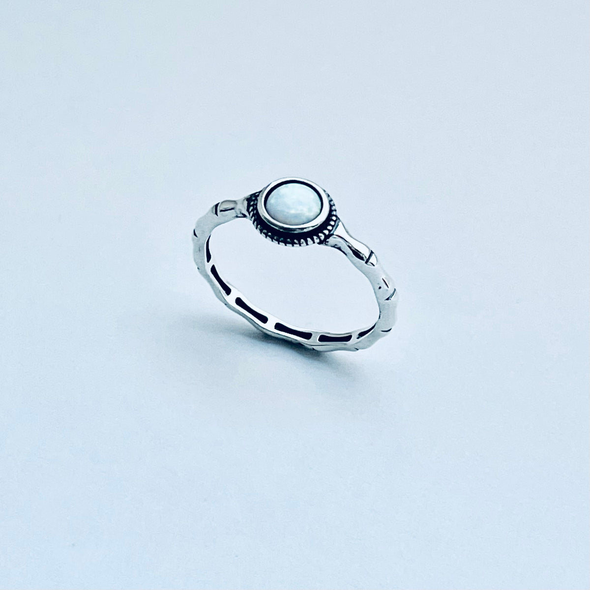 925 Sterling Silver Small White Lab Opal Ring with Bamboo Band | October Birthstone Rings