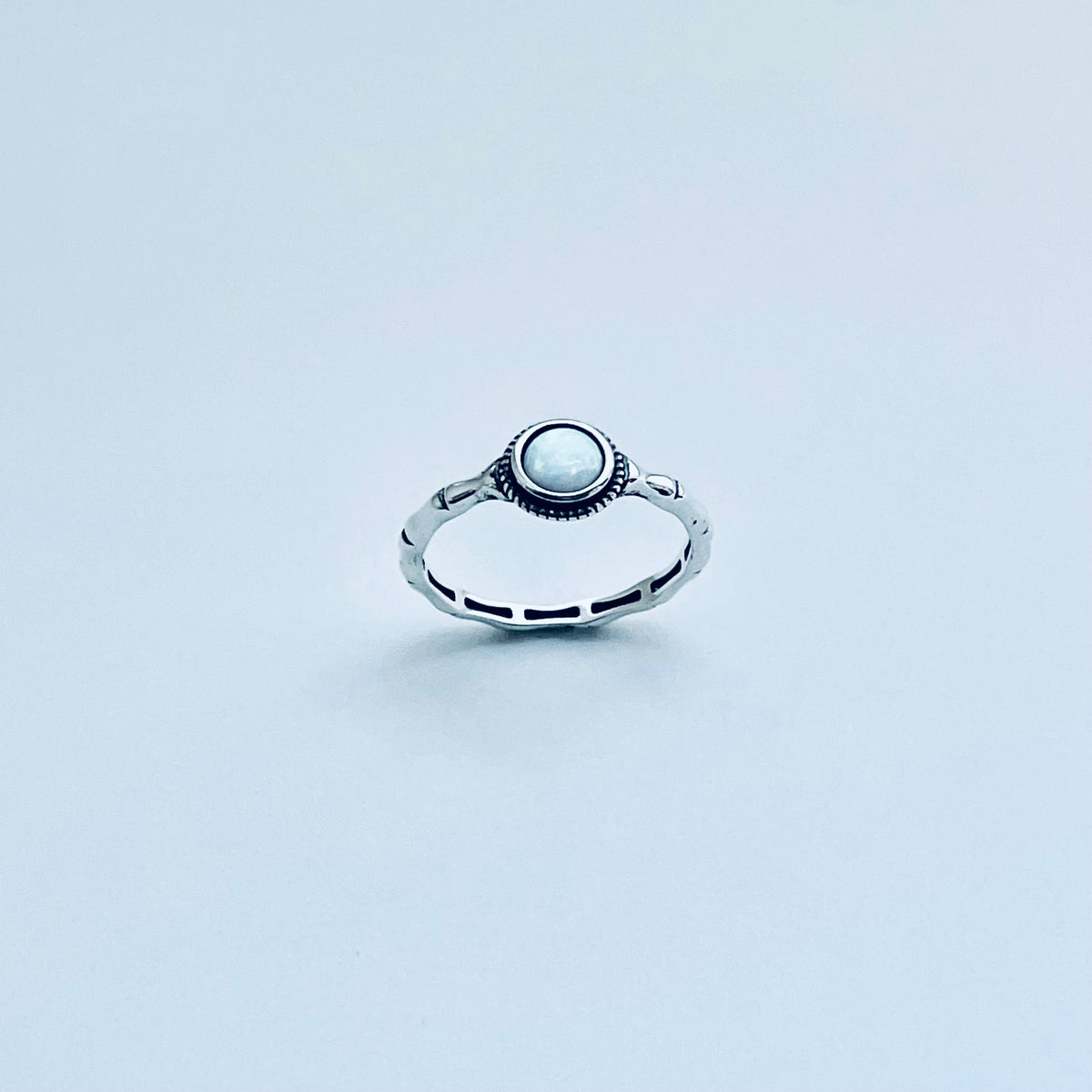 925 Sterling Silver Small White Lab Opal Ring with Bamboo Band | October Birthstone Rings