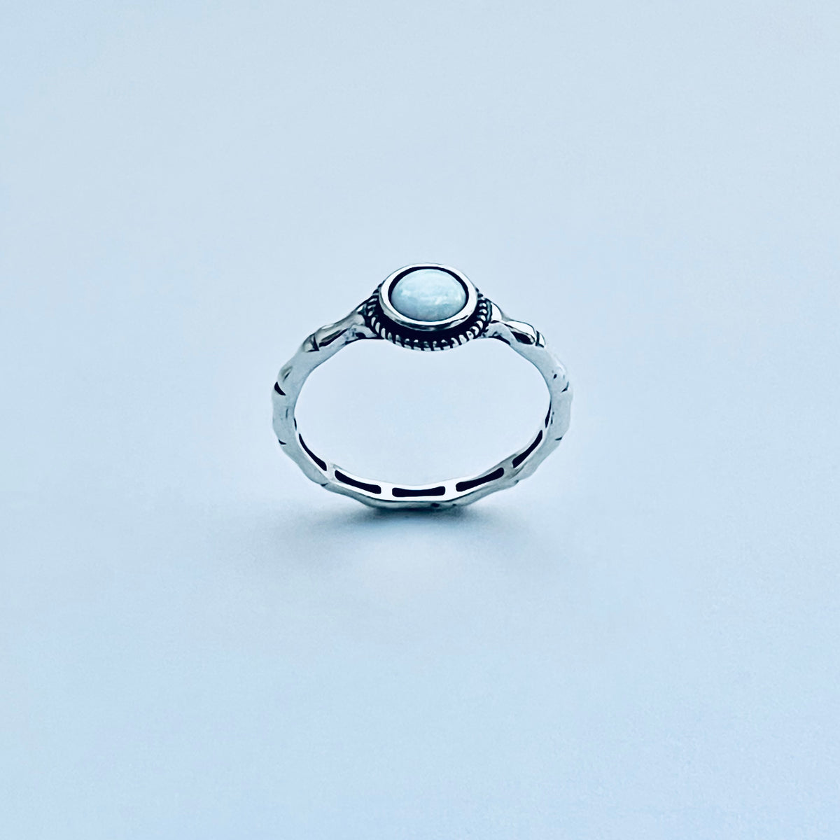 925 Sterling Silver Small White Lab Opal Ring with Bamboo Band | October Birthstone Rings