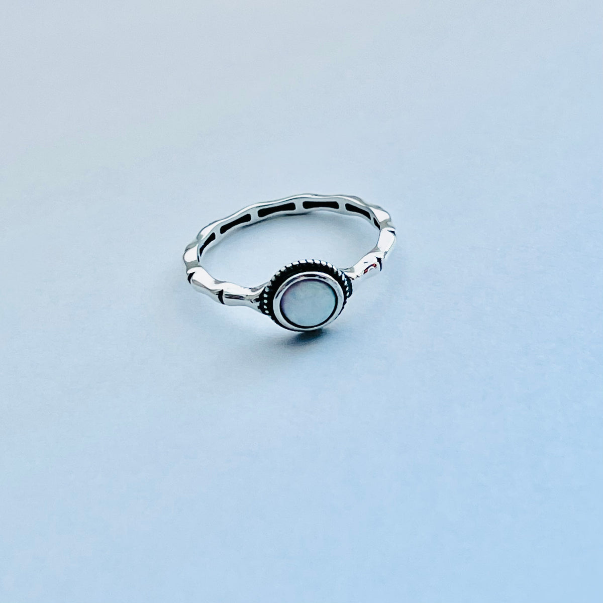 925 Sterling Silver Small White Lab Opal Ring with Bamboo Band | October Birthstone Rings
