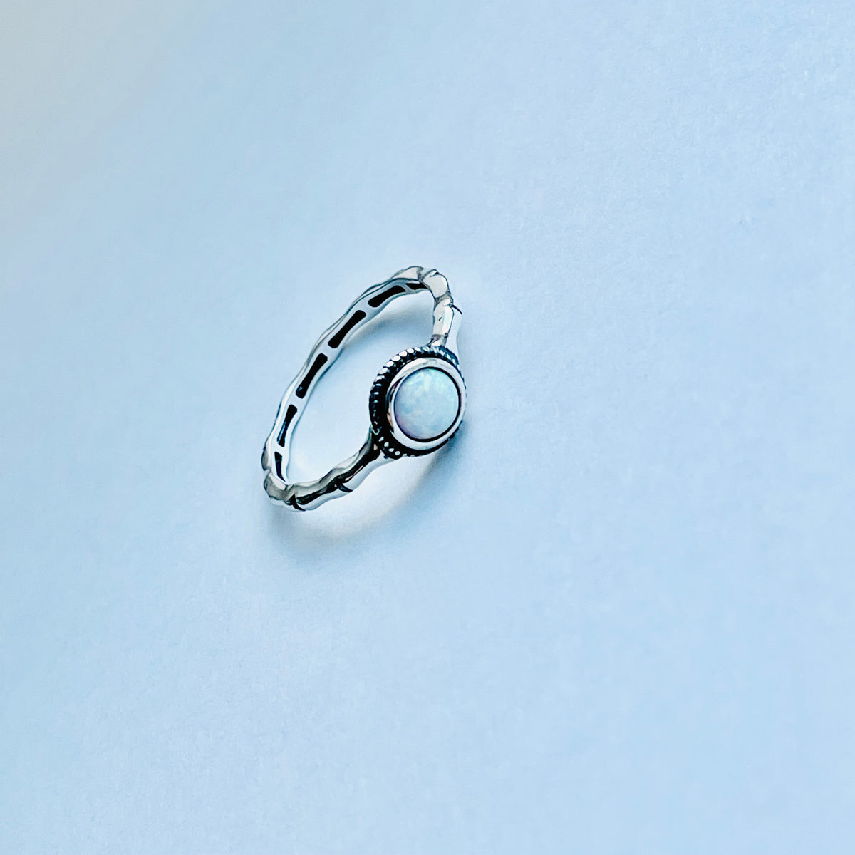 925 Sterling Silver Small White Lab Opal Ring with Bamboo Band | October Birthstone Rings