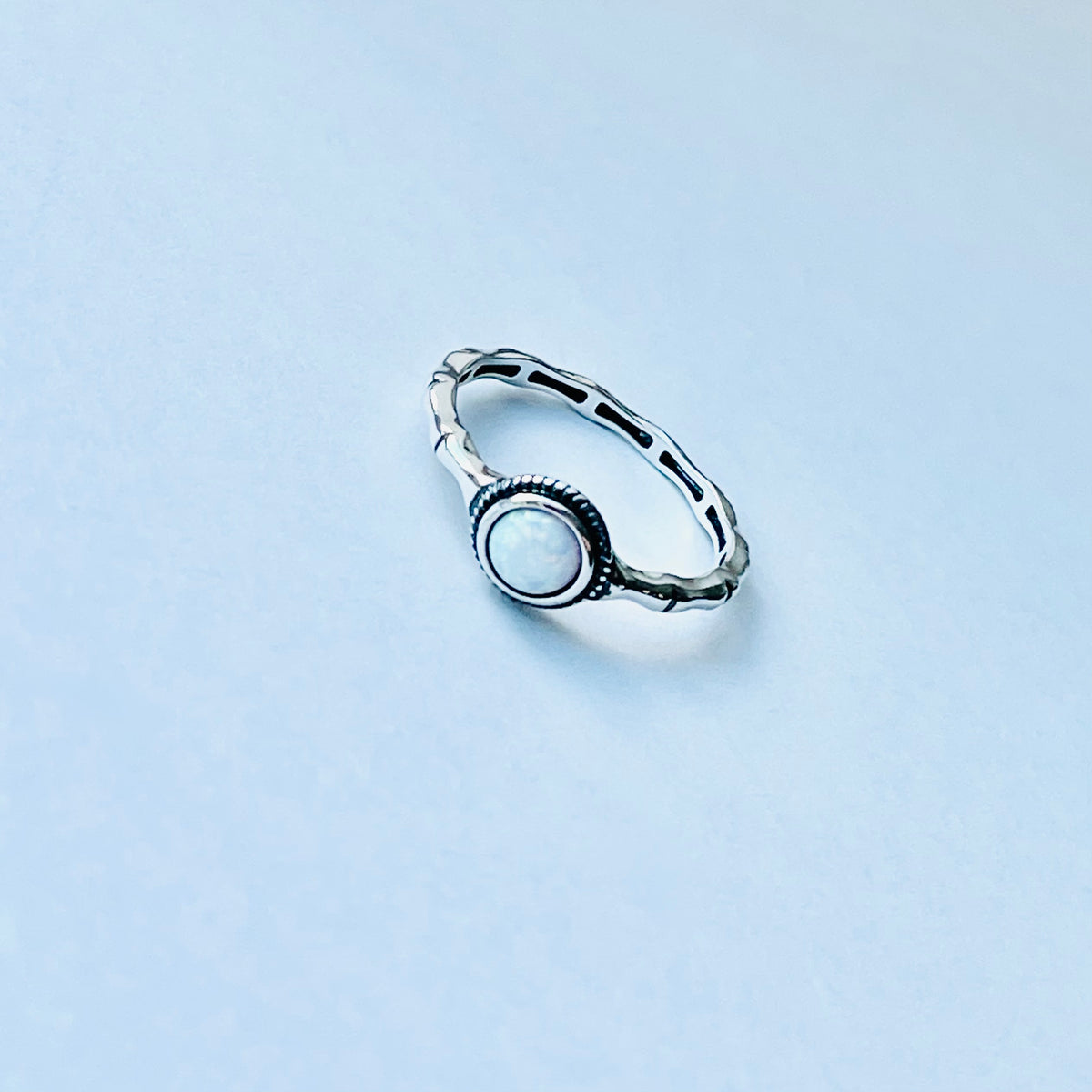 925 Sterling Silver Small White Lab Opal Ring with Bamboo Band | October Birthstone Rings