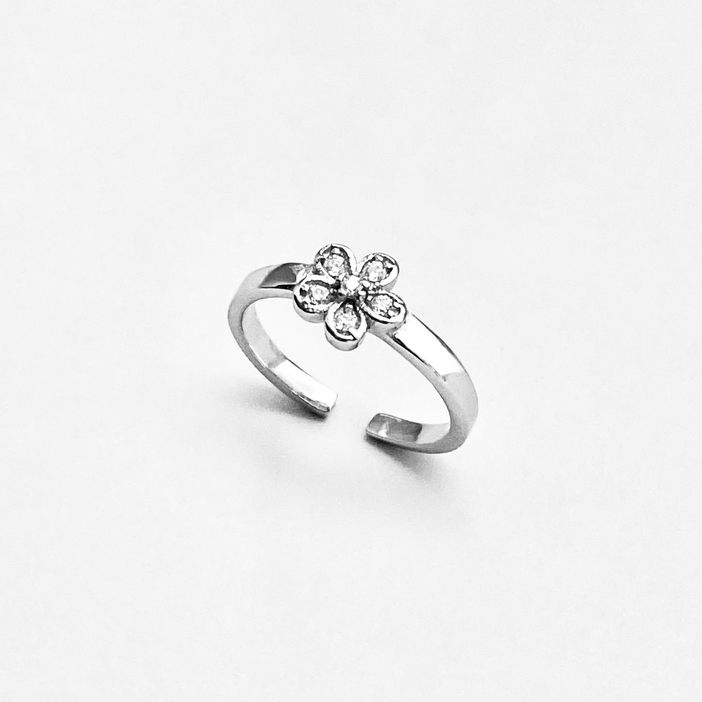 Sterling Silver CZ Plumeria Toe Ring – Dainty Hawaiian Flower Midi Pinky Rings