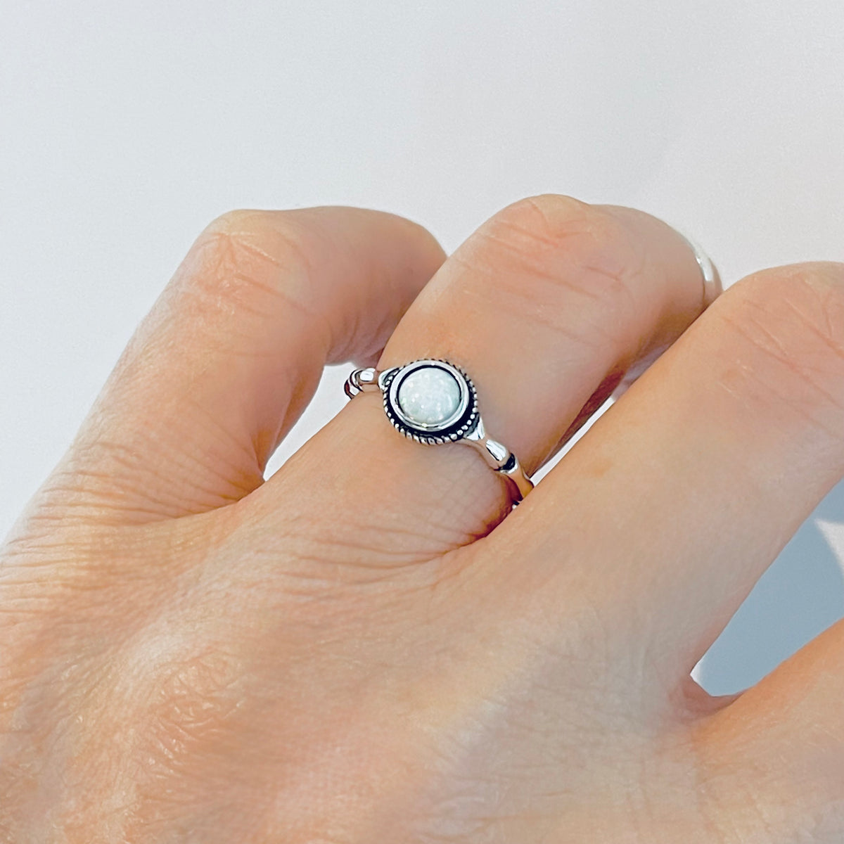 925 Sterling Silver Small White Lab Opal Ring with Bamboo Band | October Birthstone Rings