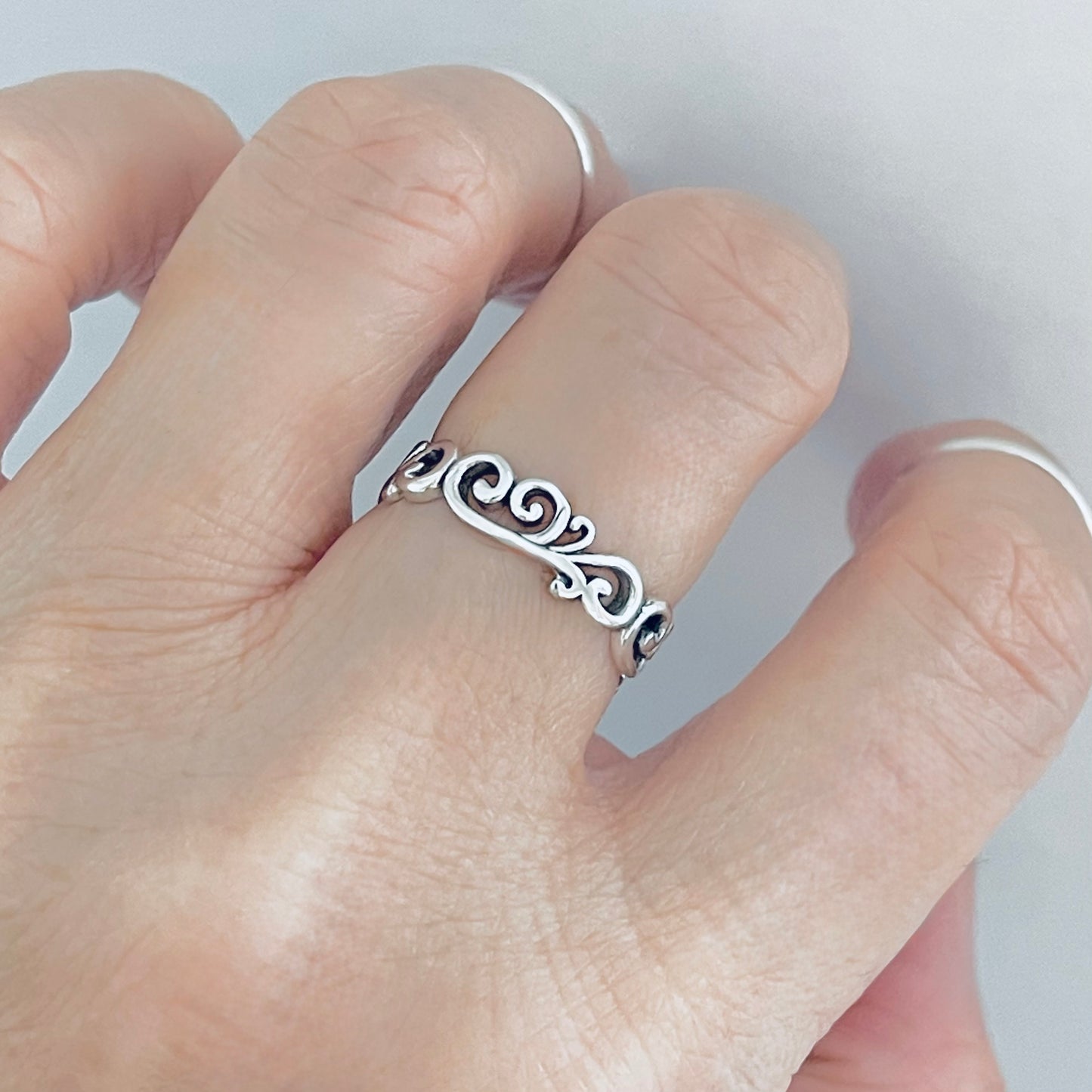 Sterling Silver Eternity Swirls Band Ring, Stackable Filigree Dainty Bands