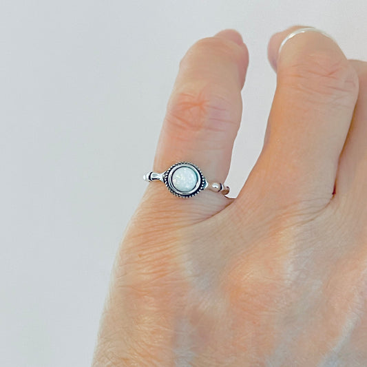 925 Sterling Silver Small White Lab Opal Ring with Bamboo Band | October Birthstone Rings